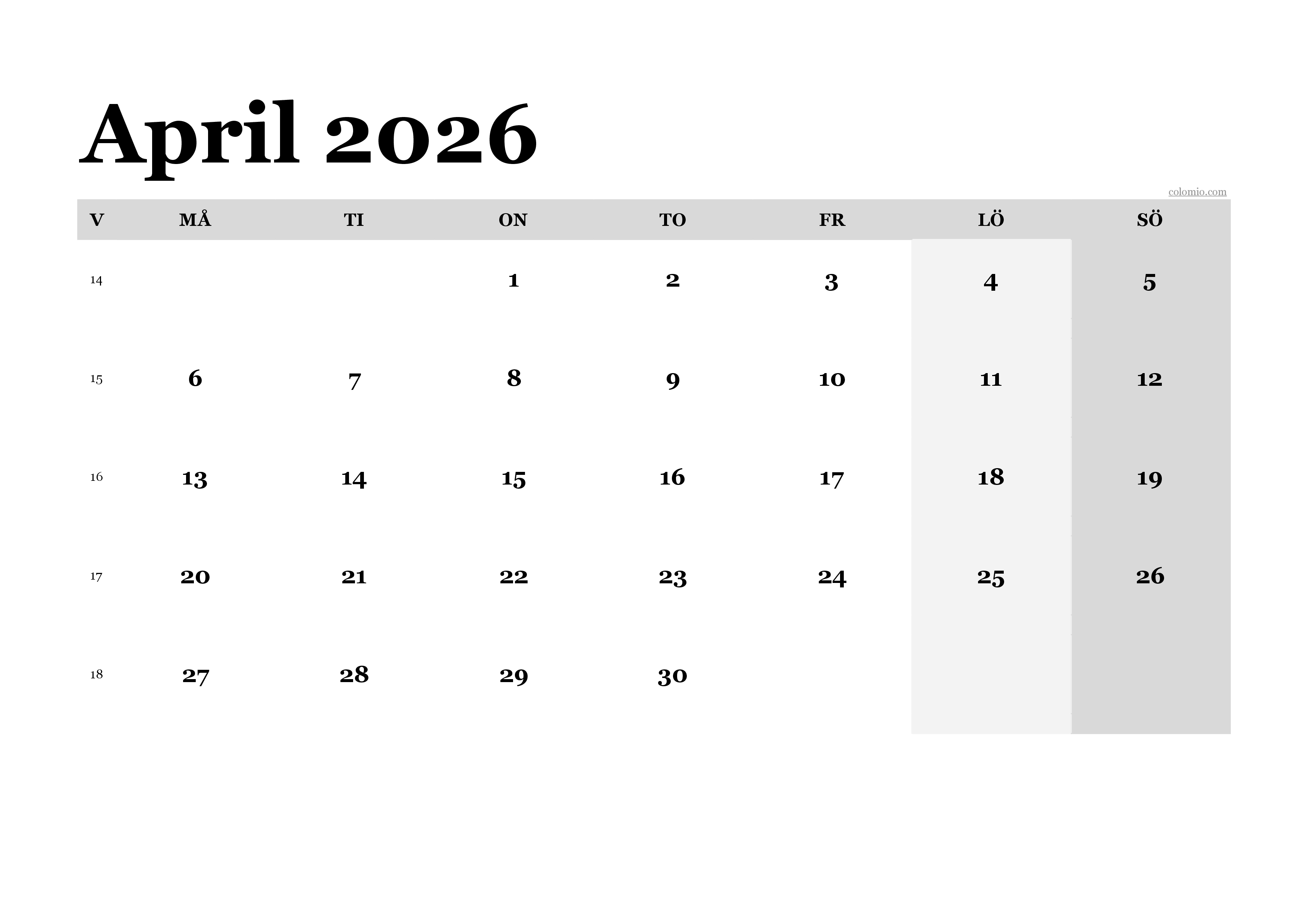 Kalender April 2026 klassisch, liggande PDF för utskrift Kalender April 2026 klassisch, liggande PDF för utskrift