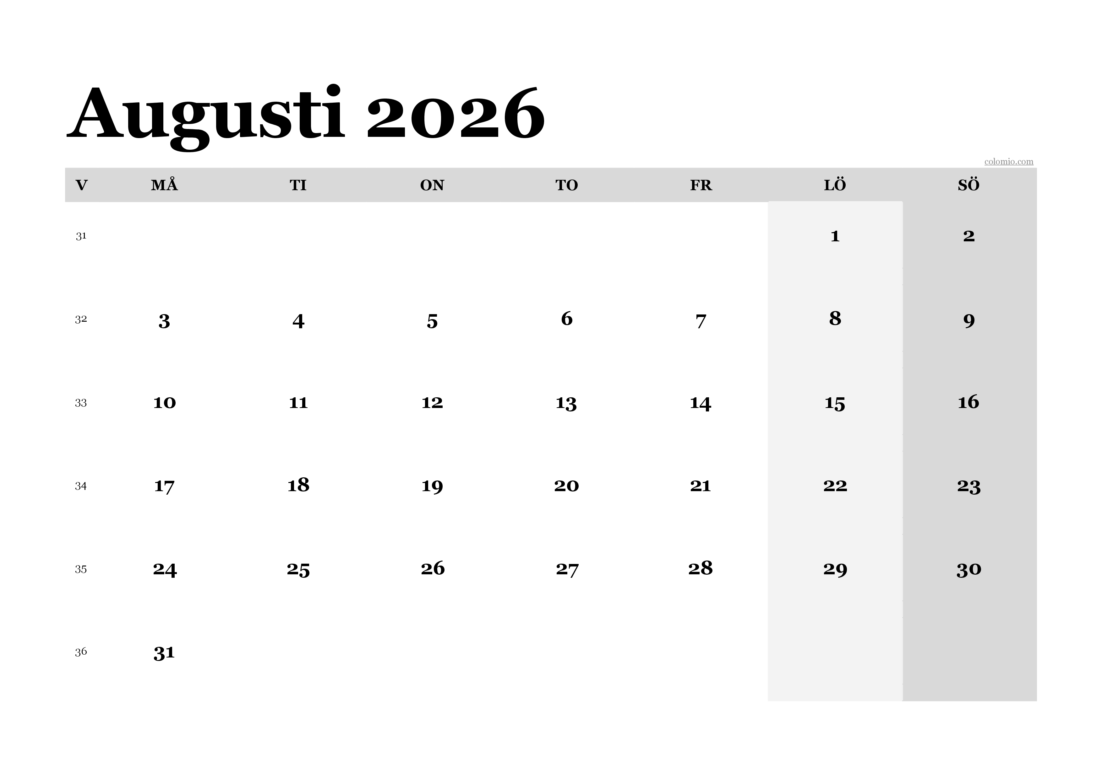 Kalender August 2026 klassisk, liggande PDF för utskrift Kalender August 2026 klassisk, liggande PDF för utskrift