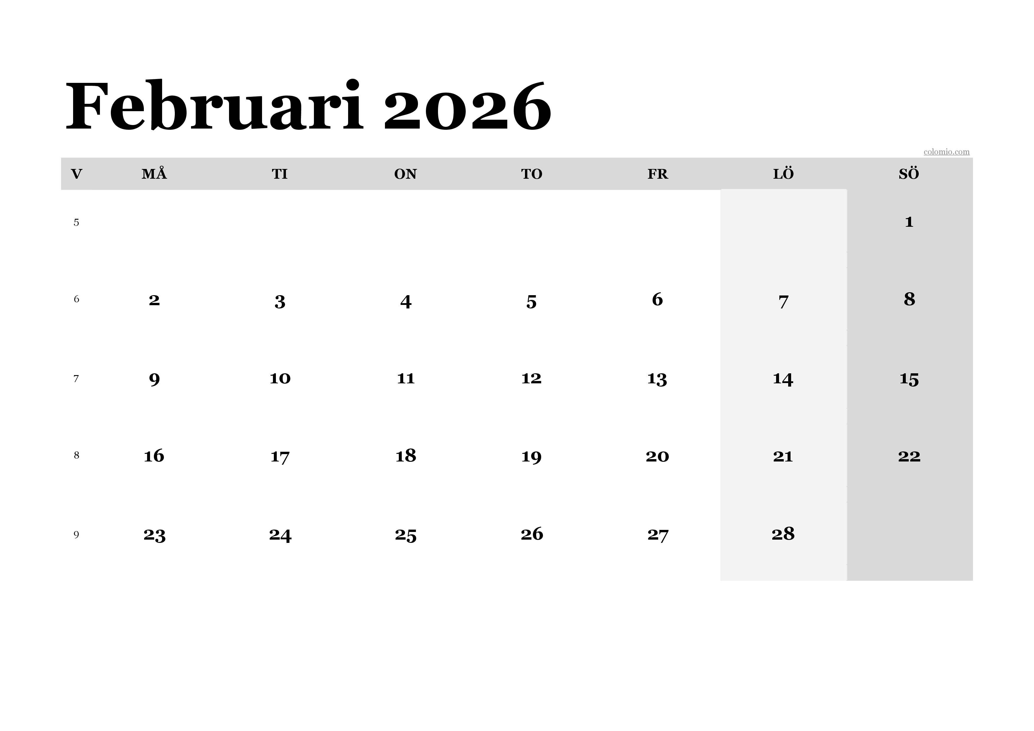 Kalender Februari 2026 klassisk, liggande PDF för utskrift Kalender Februari 2026 klassisk, liggande PDF för utskrift
