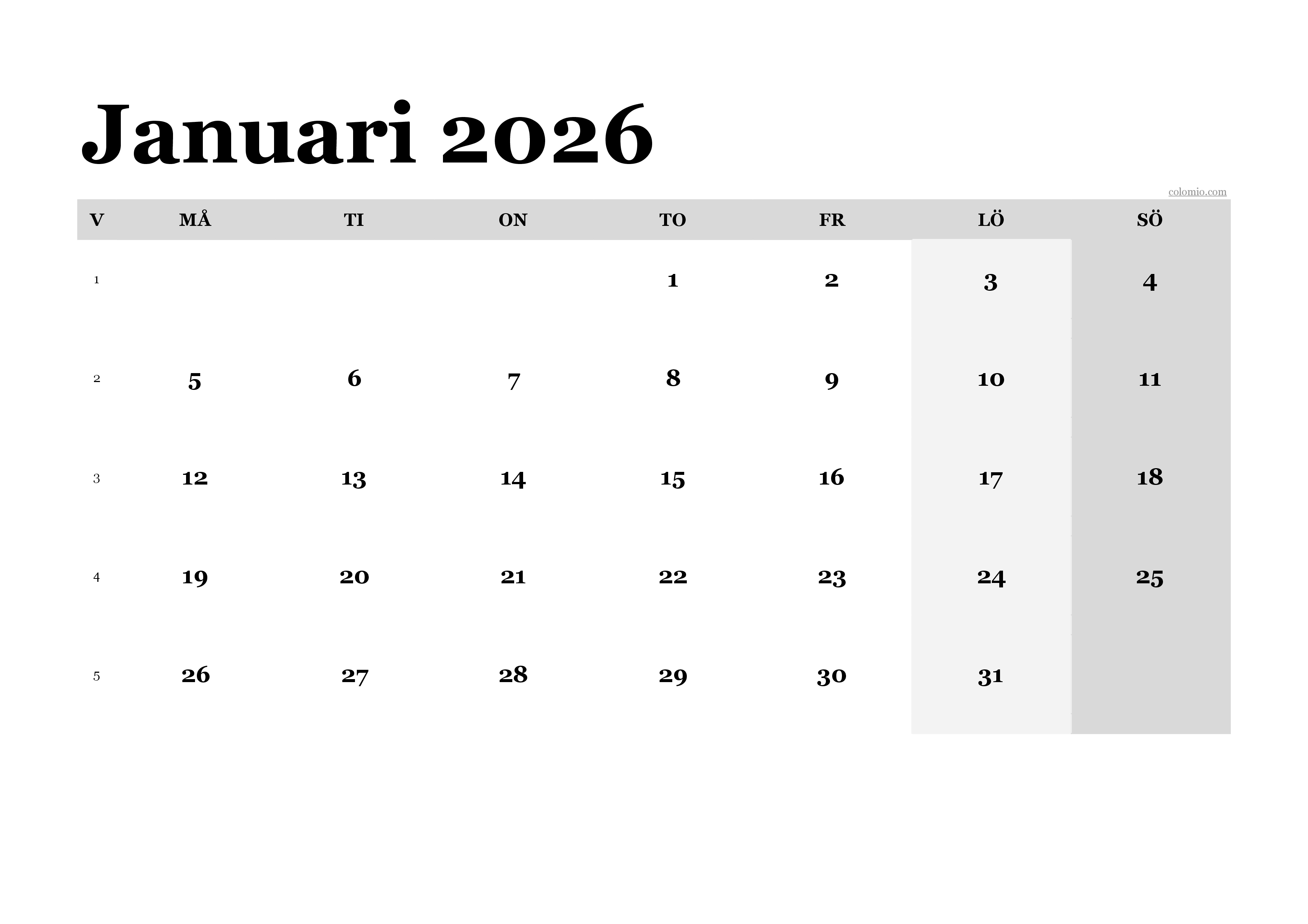 Kalender Januari 2026 klassisk, liggande PDF för utskrift Kalender Januari 2026 klassisk, liggande PDF för utskrift