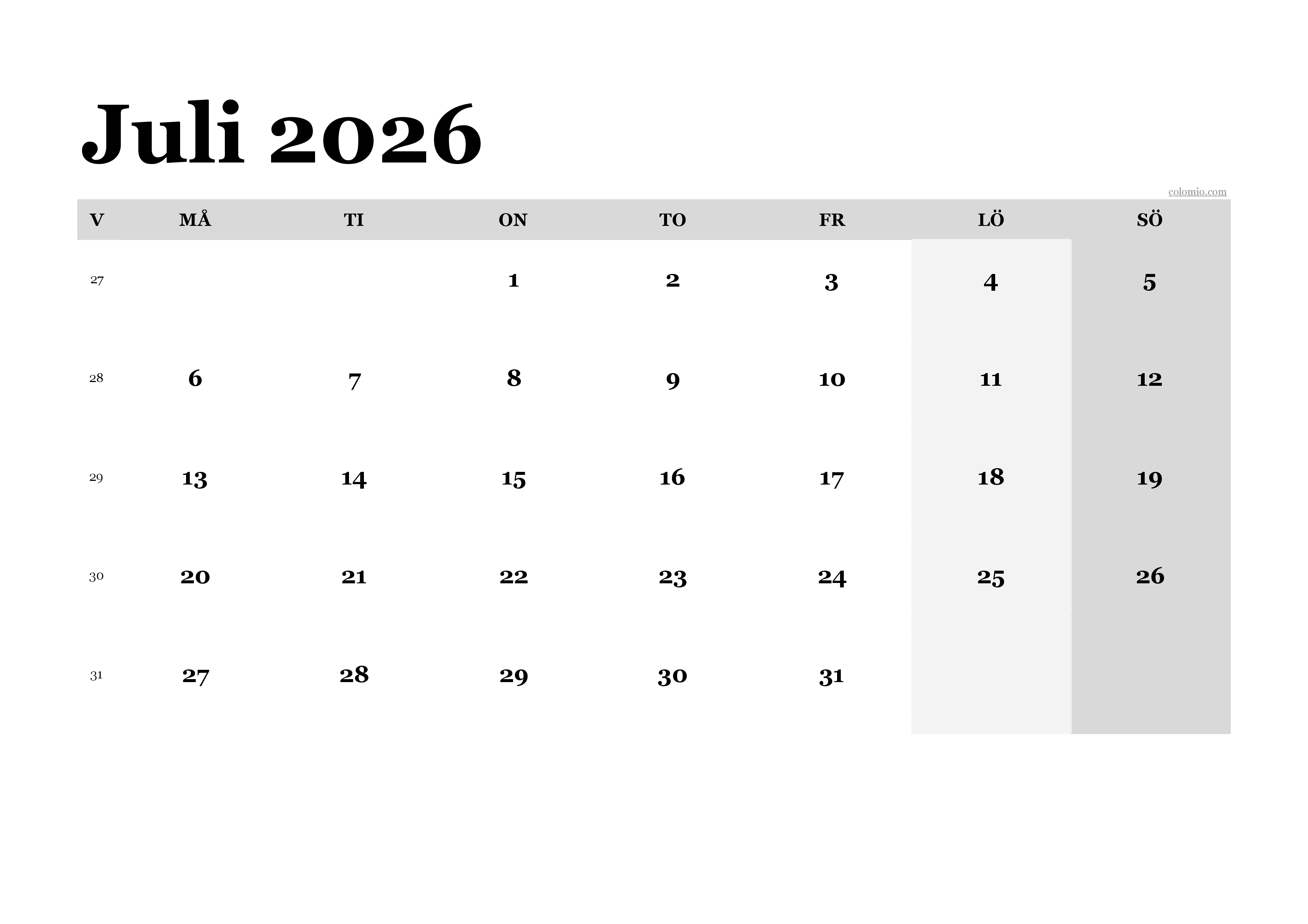 Kalender Juli 2026 klassisk, liggande PDF att skriva ut Kalender Juli 2026 klassisk, liggande PDF att skriva ut