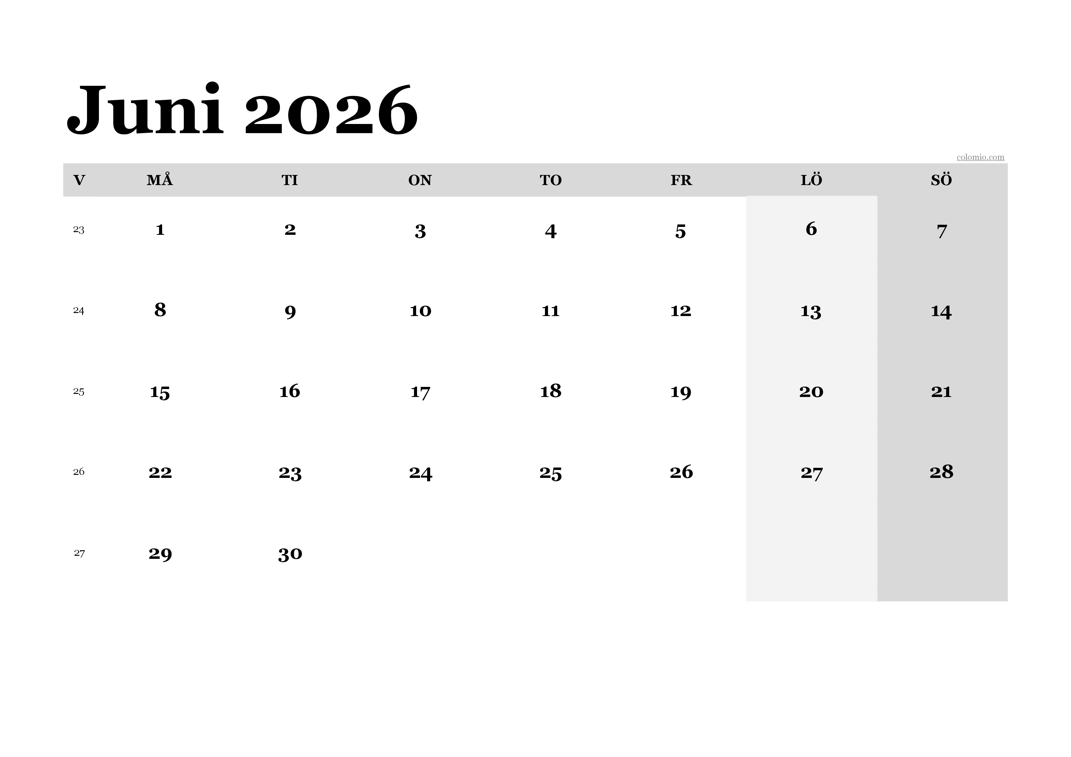 Kalender Juni 2026 klassisk, liggande PDF för utskrift Kalender Juni 2026 klassisk, liggande PDF för utskrift