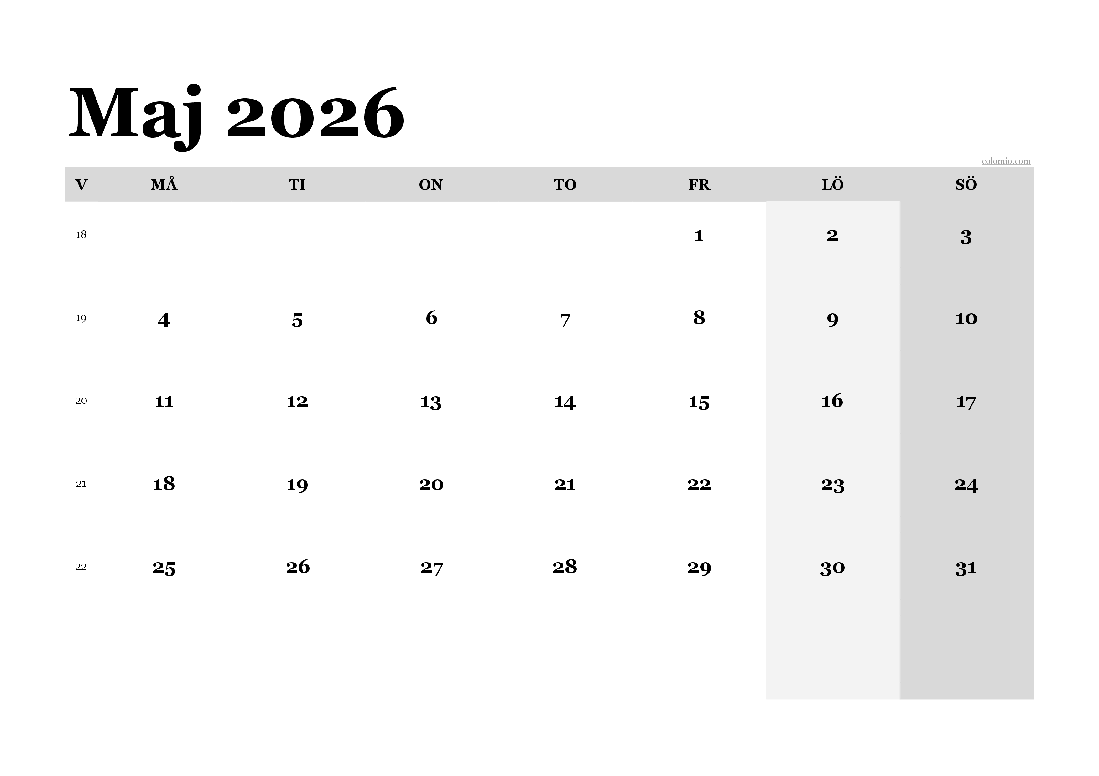 Kalender Maj 2026 klassisk, liggande PDF för utskrift Kalender Maj 2026 klassisk, liggande PDF för utskrift