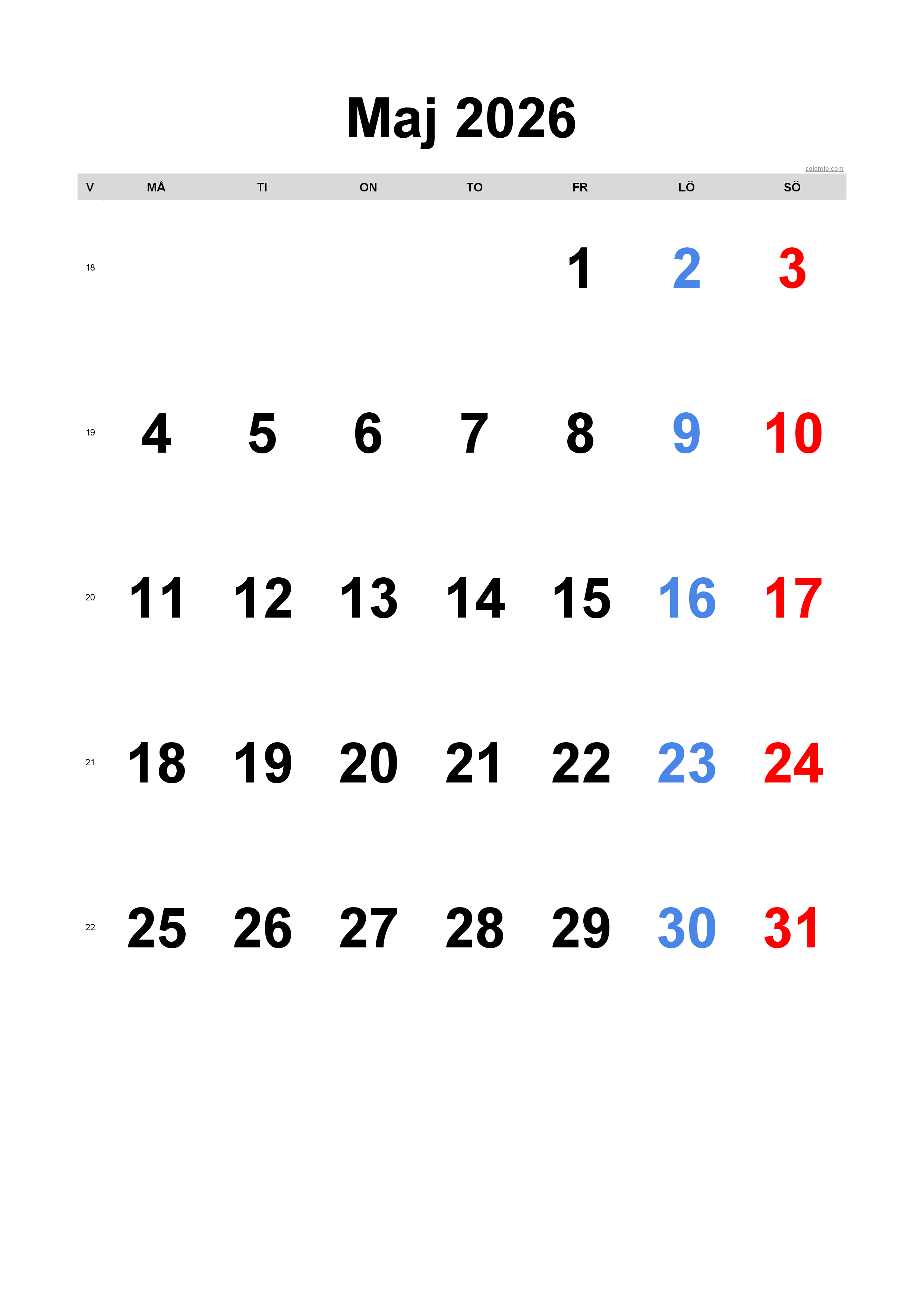 Maj 2026 kalender - stående format, gratis för utskrift Maj 2026 kalender - stående format, gratis för utskrift