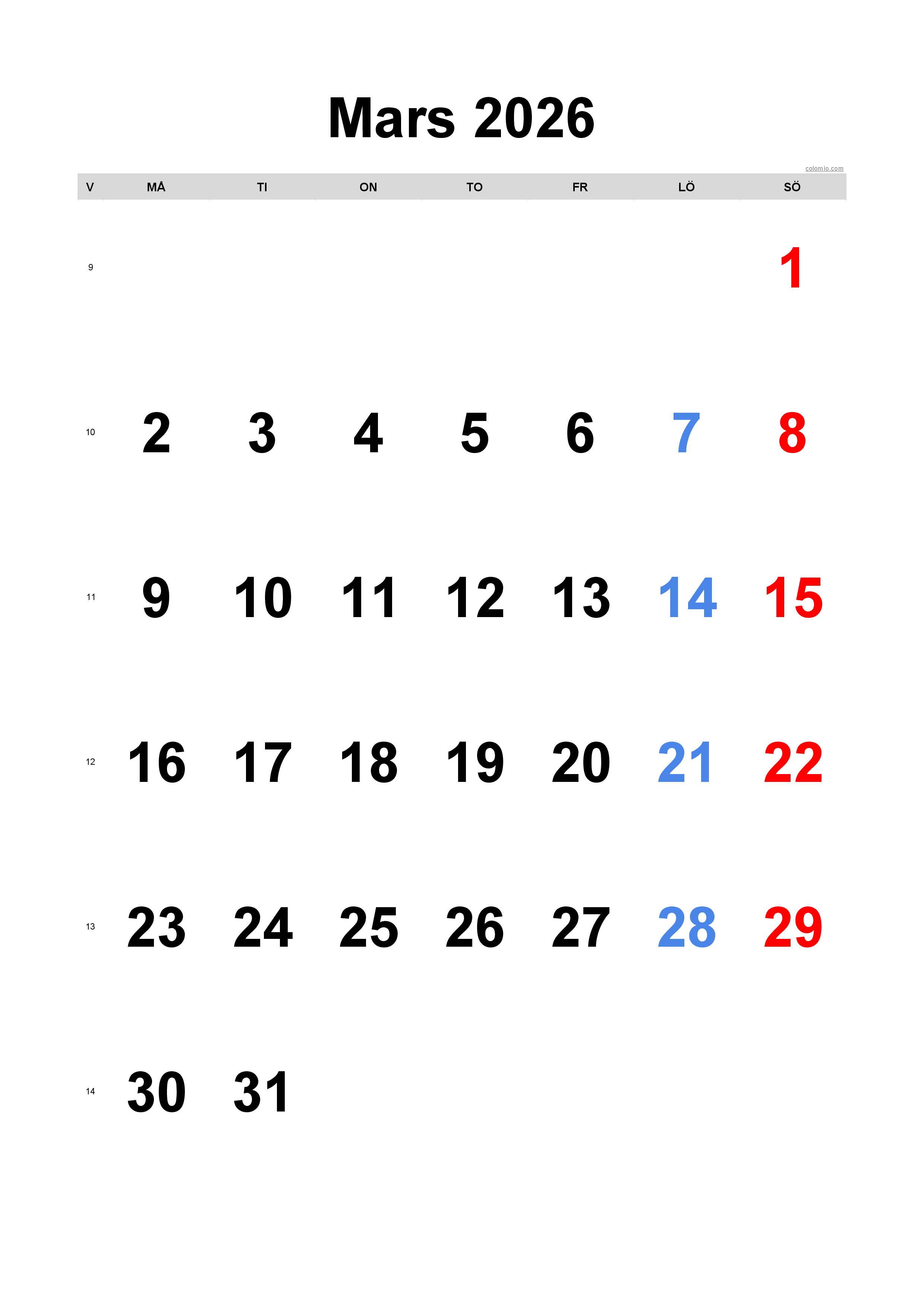 Mars 2026 kalender - stående format, gratis för utskrift Mars 2026 kalender - stående format, gratis för utskrift