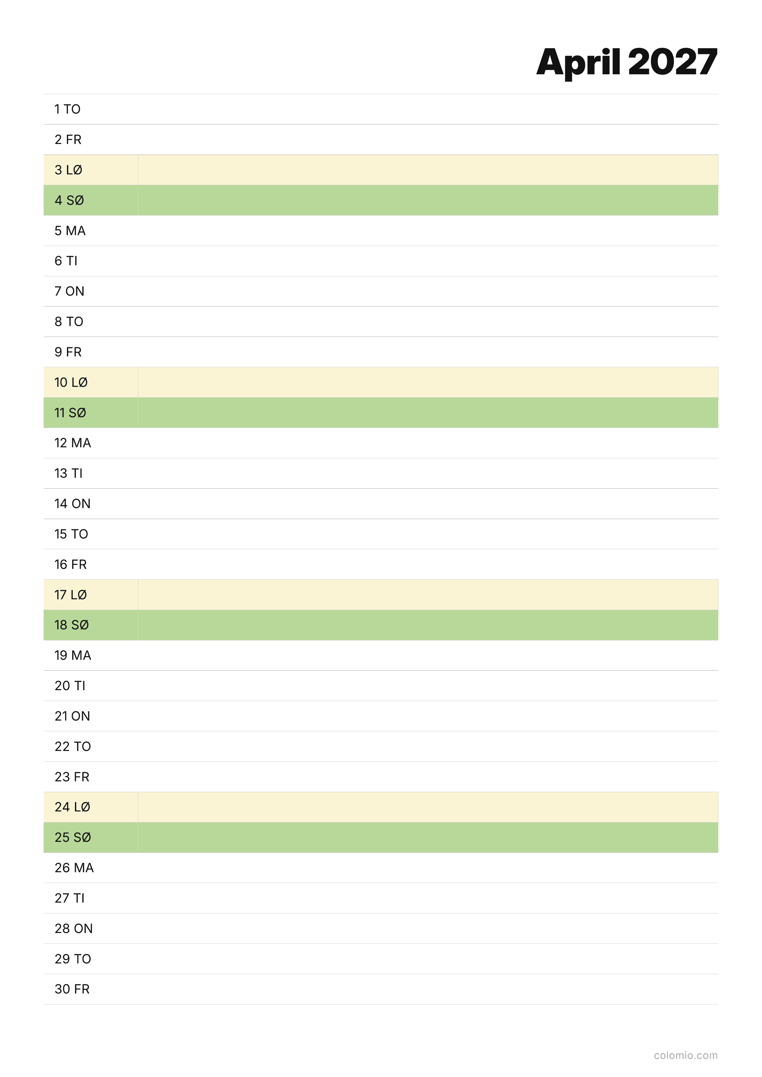 Kalender April 2027 agenda · stående, PDF til print