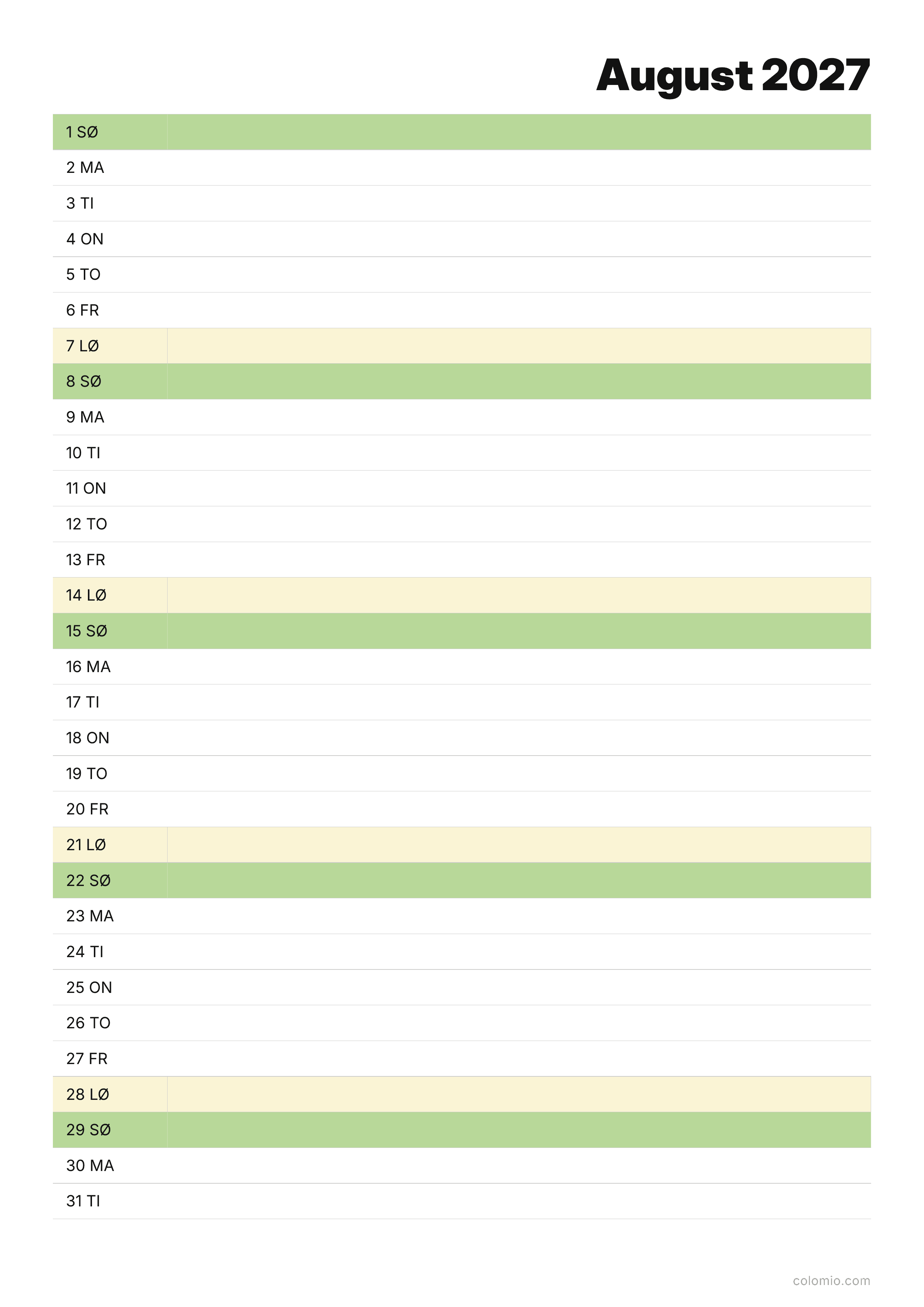 Kalender August 2027 agenda · stående, PDF til print