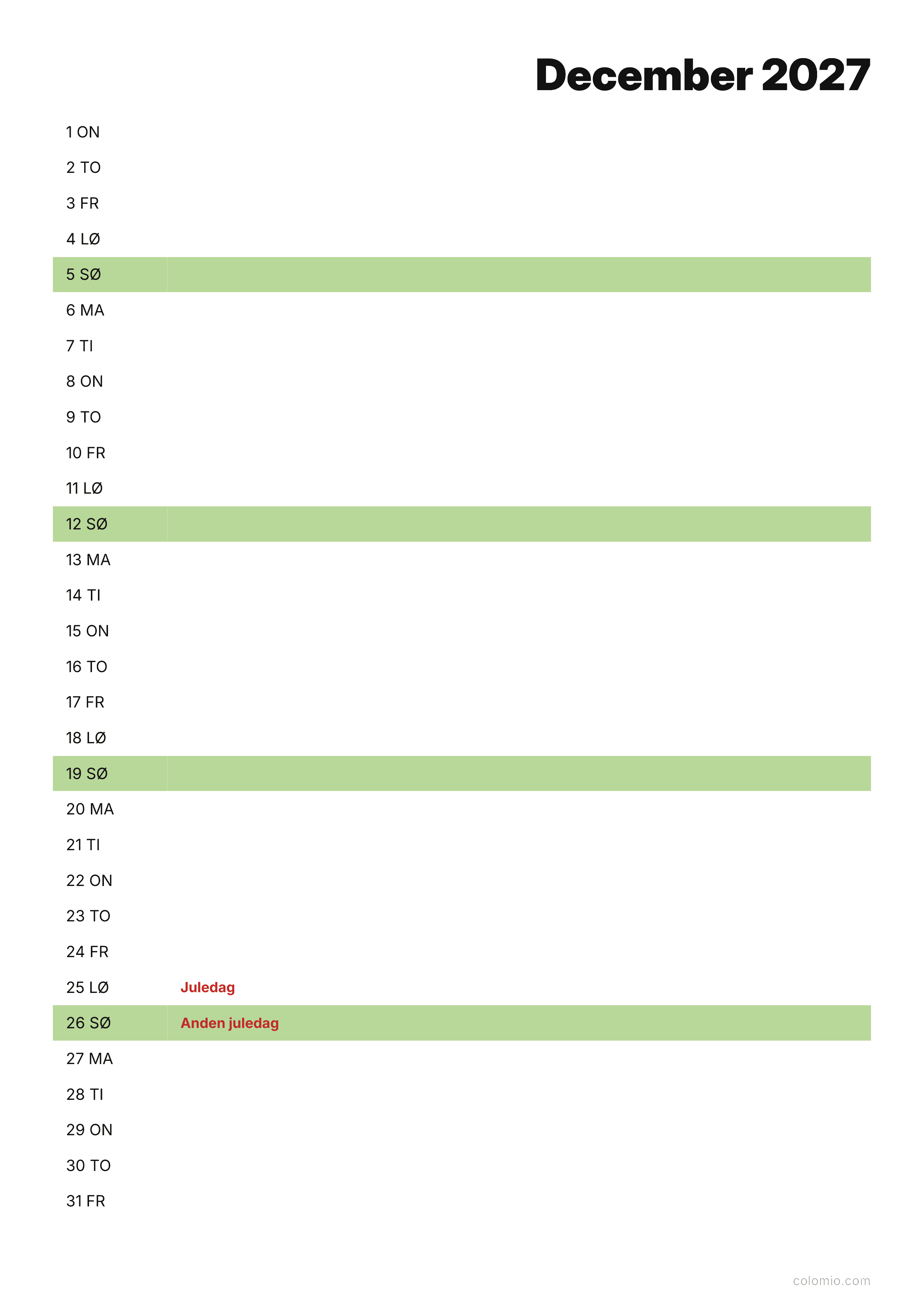 Kalender December 2027 agenda · stående, PDF til print