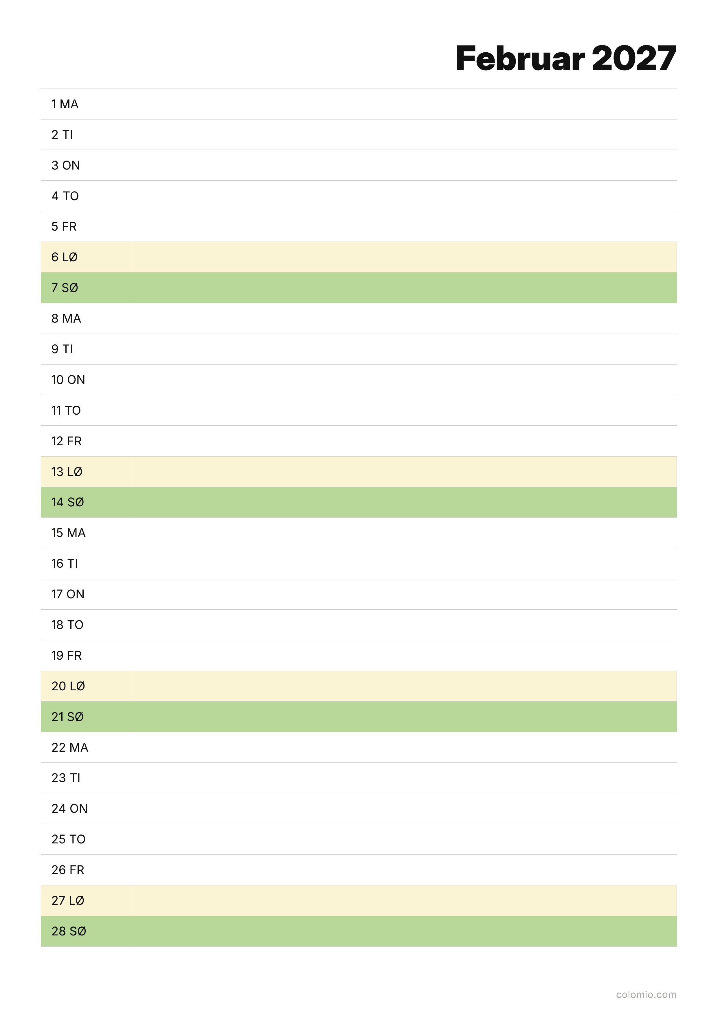 Kalender Februar 2027 agenda · stående, PDF til print
