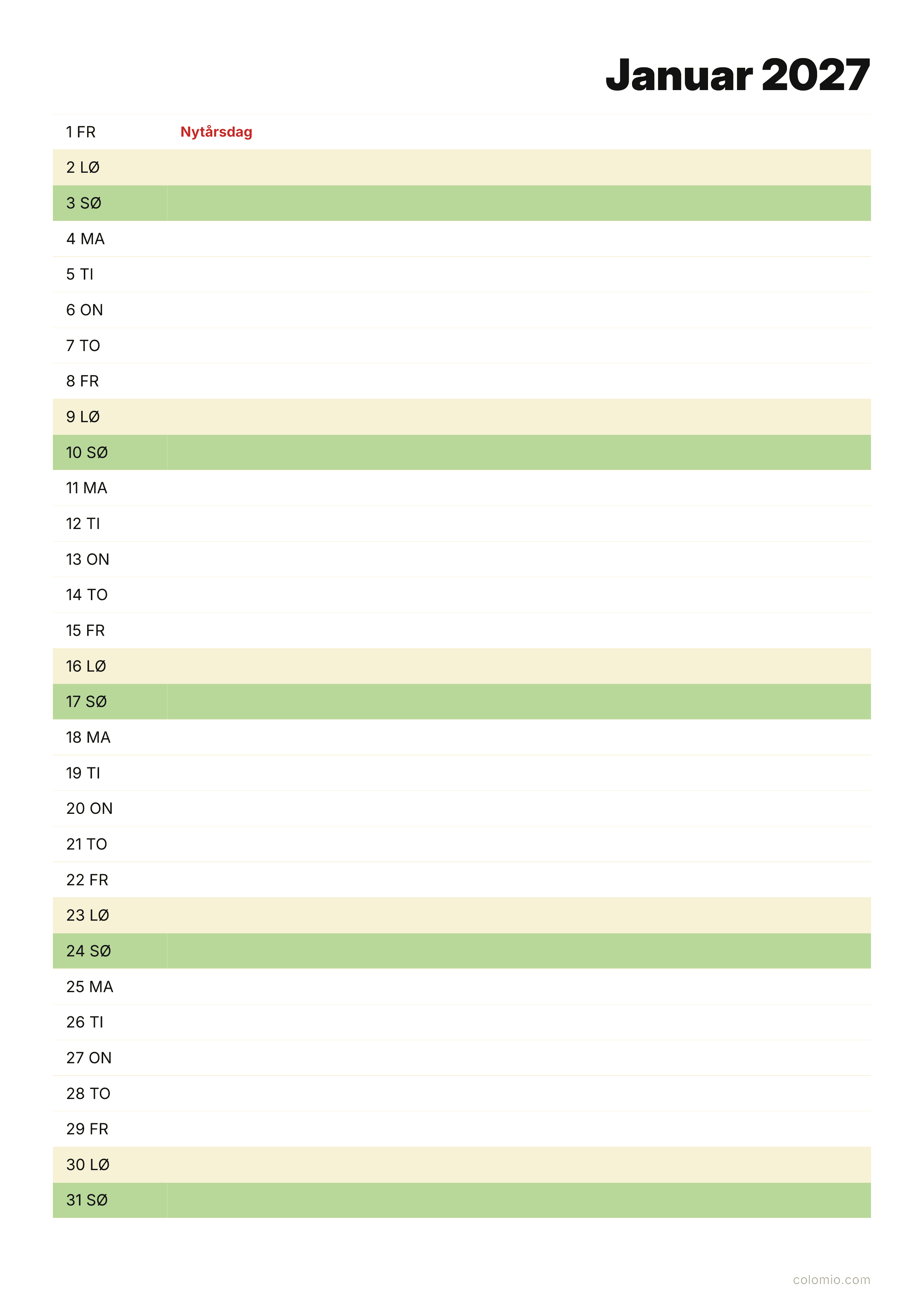 Kalender Januar 2027 agenda · stående, PDF til print