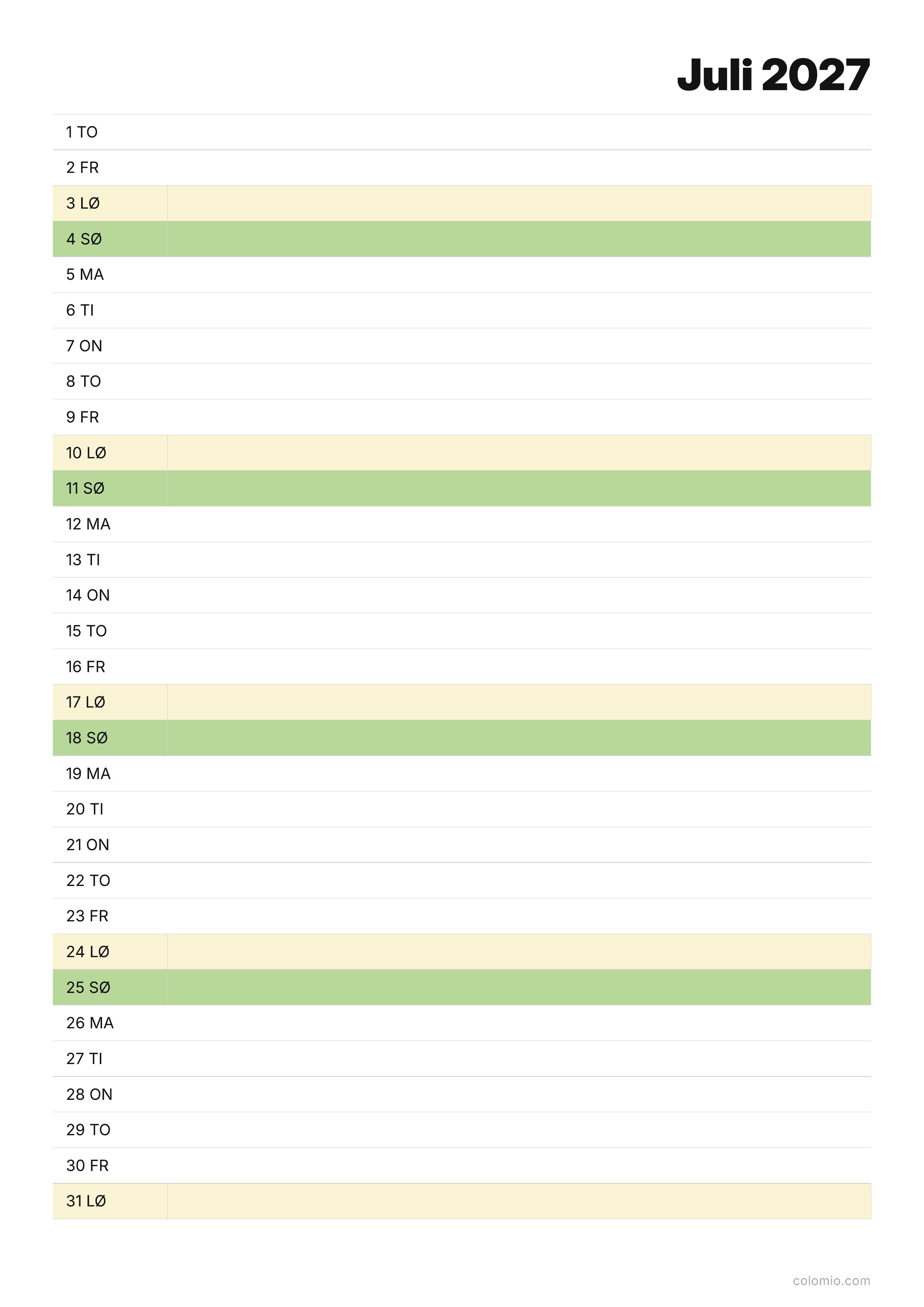Kalender Juli 2027 agenda · stående, PDF til print