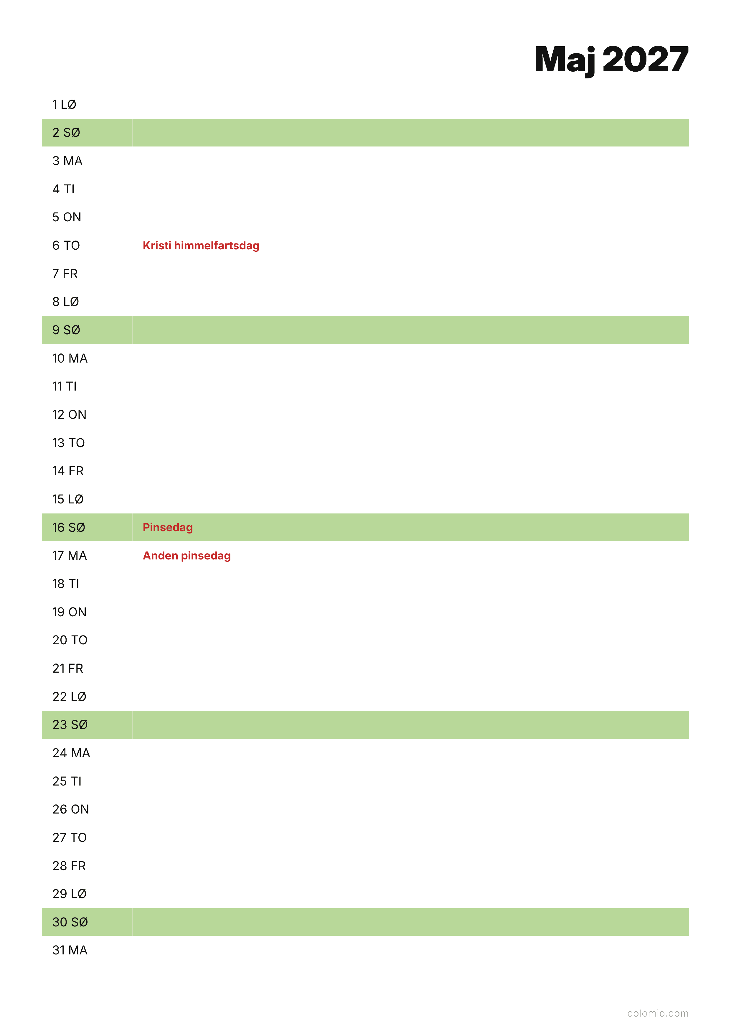 Kalender Maj 2027 agenda · stående, PDF til print