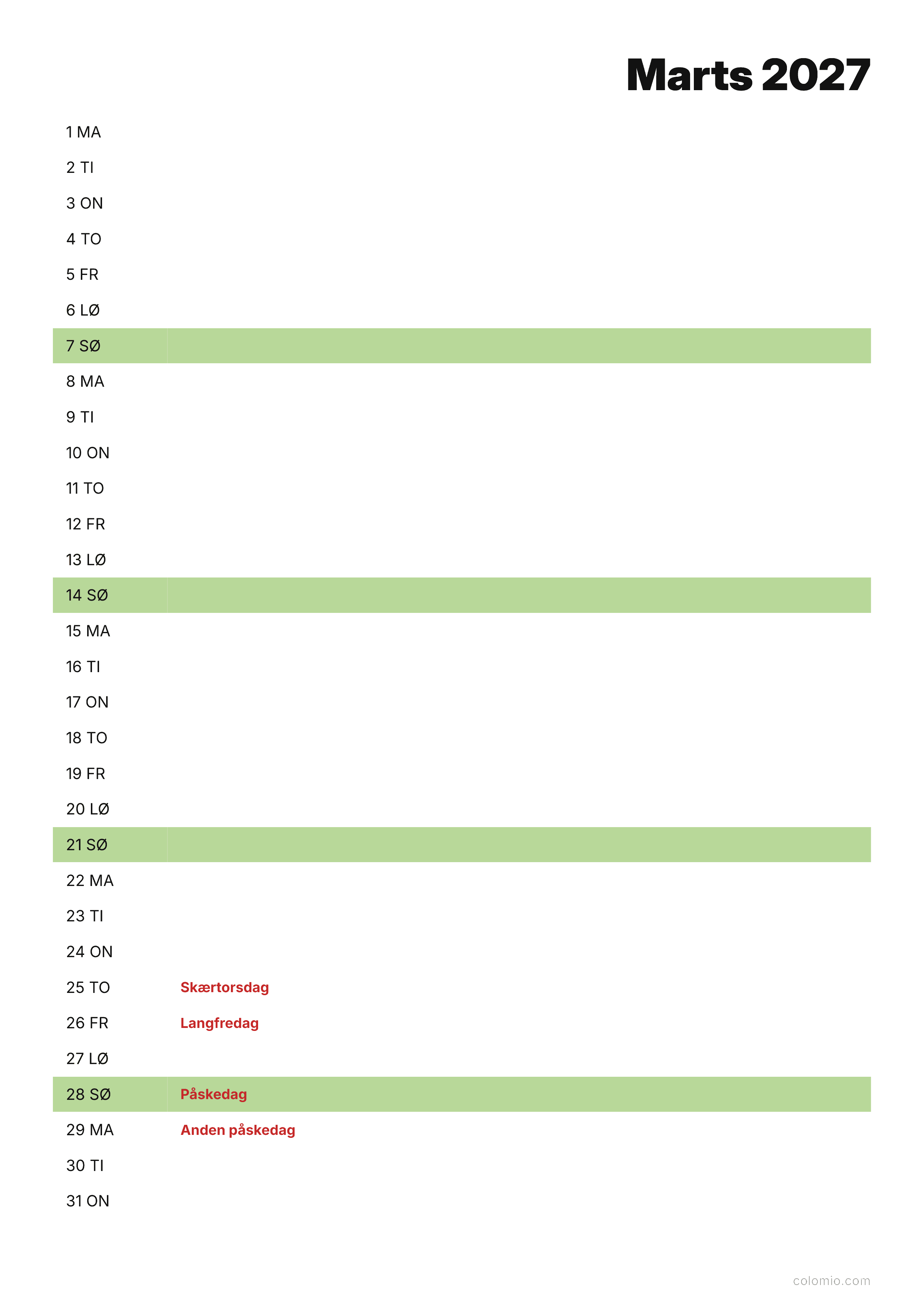 Kalender Marts 2027 agenda · stående, PDF til print