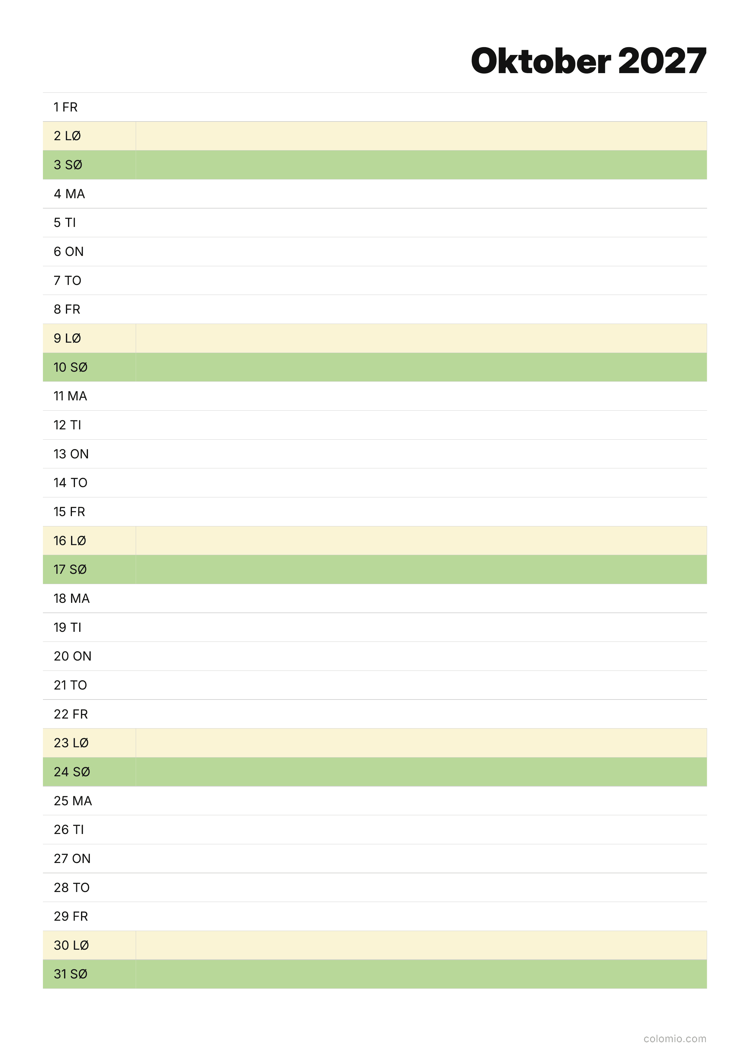 Kalender Oktober 2027 agenda · stående, PDF til print