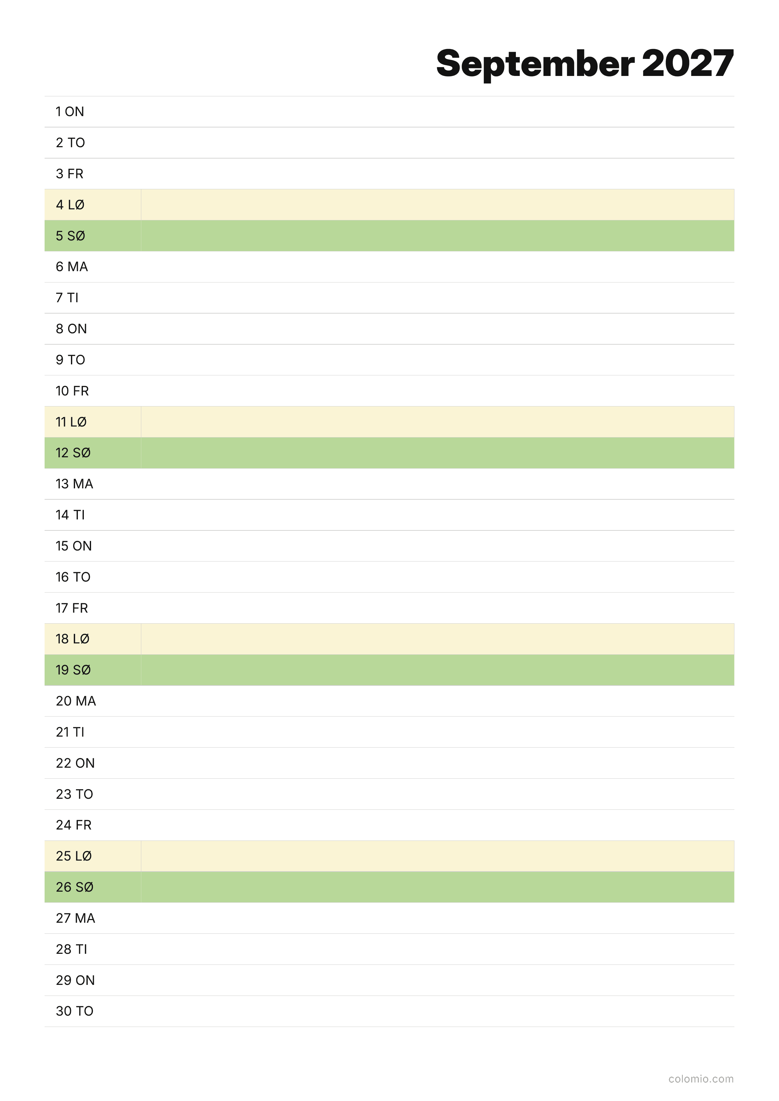 Kalender September 2027 agenda · stående, PDF til print