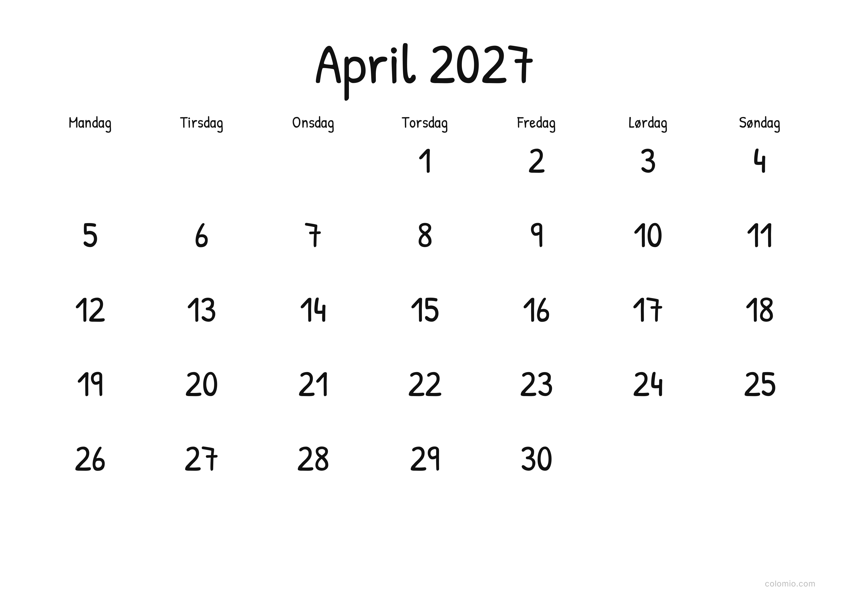 Kalender April 2027 display · liggende, PDF til print