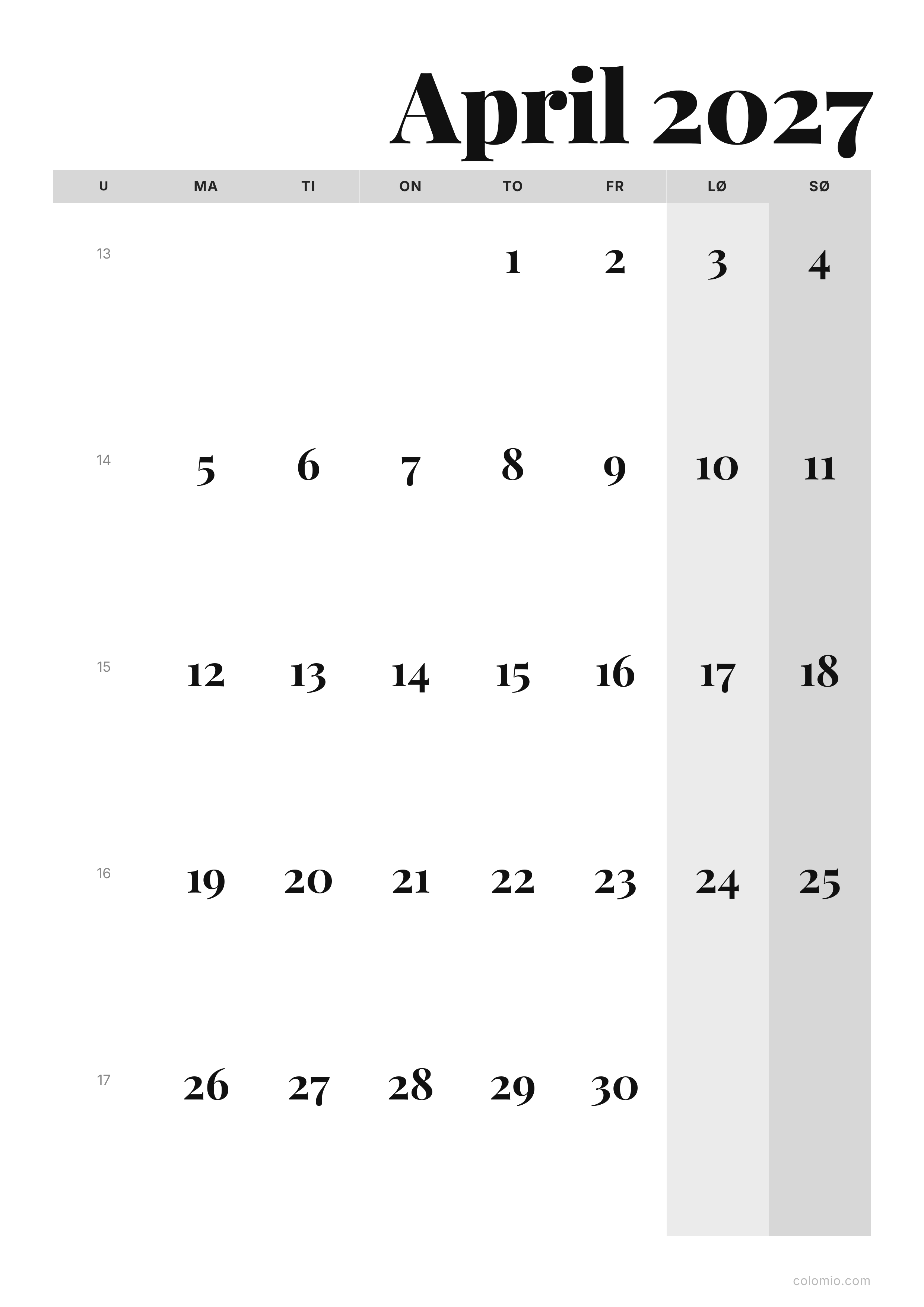 Kalender April 2027 editorial · stående, PDF til print