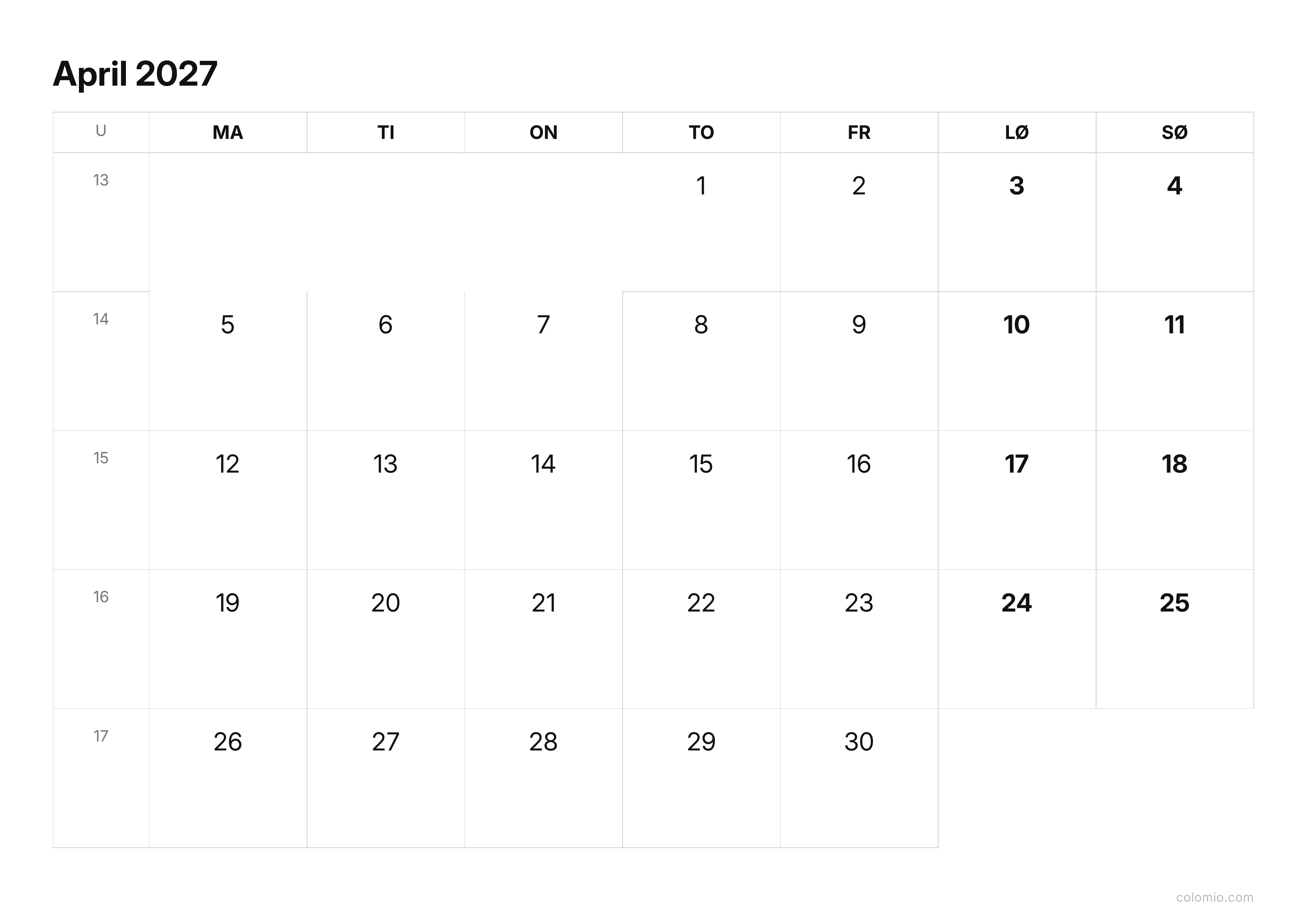 Kalender April 2027 enkel · liggende, PDF til print