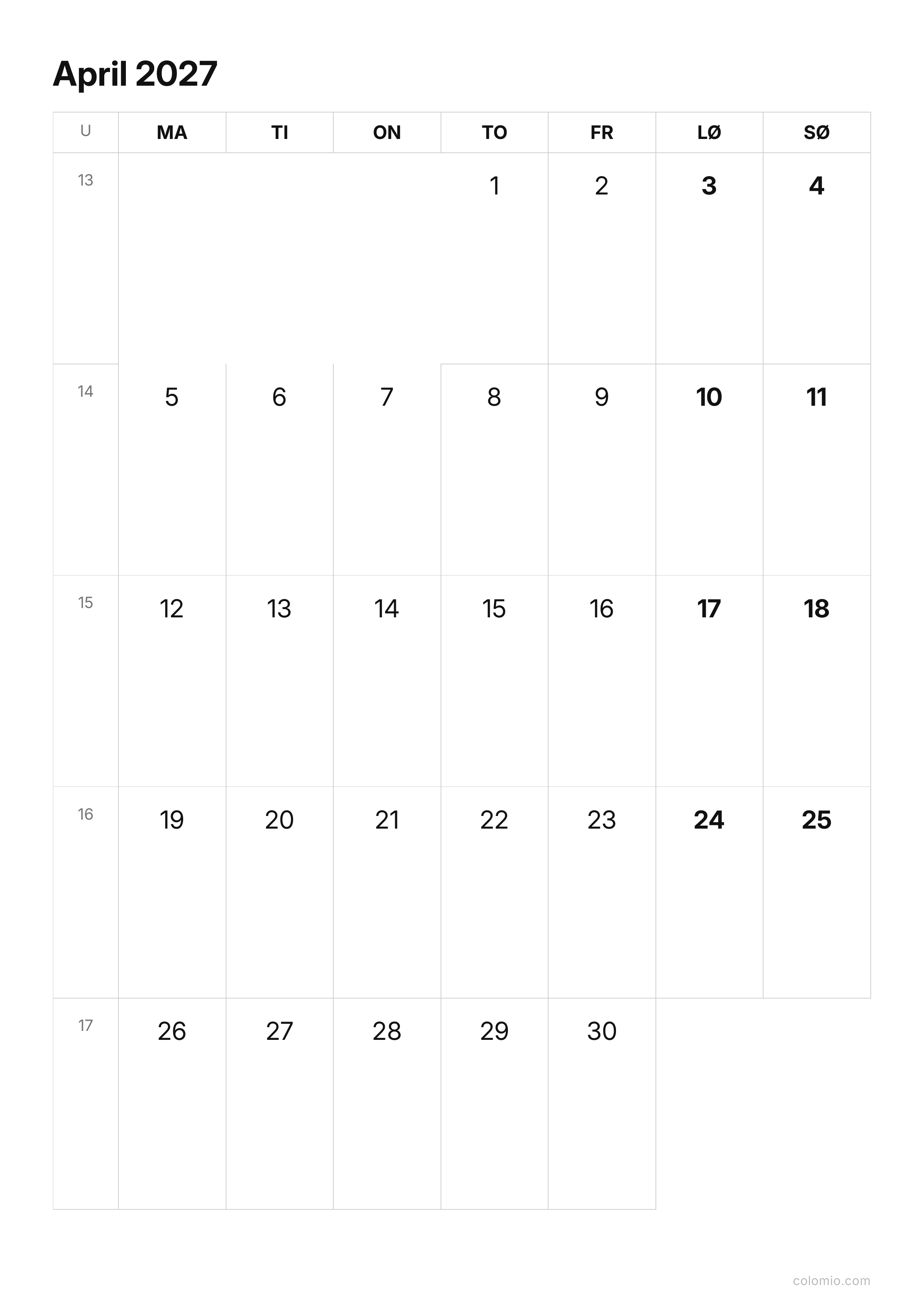 Kalender April 2027 enkel · stående, PDF til print