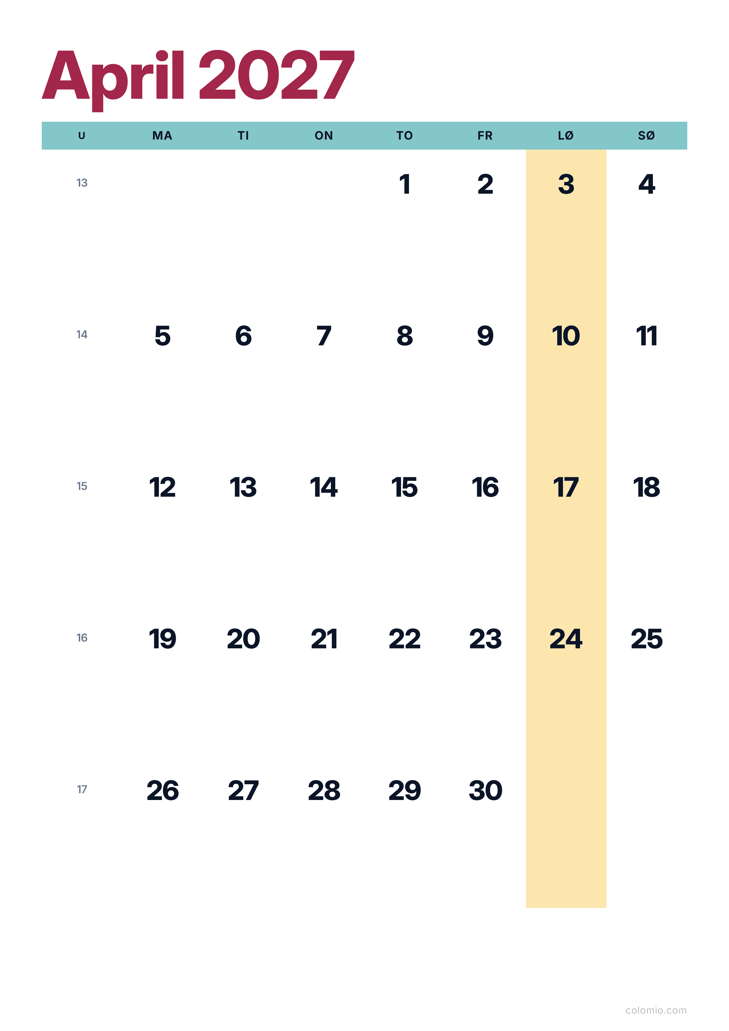 Kalender April 2027 farverig & moderne · stående, PDF til print