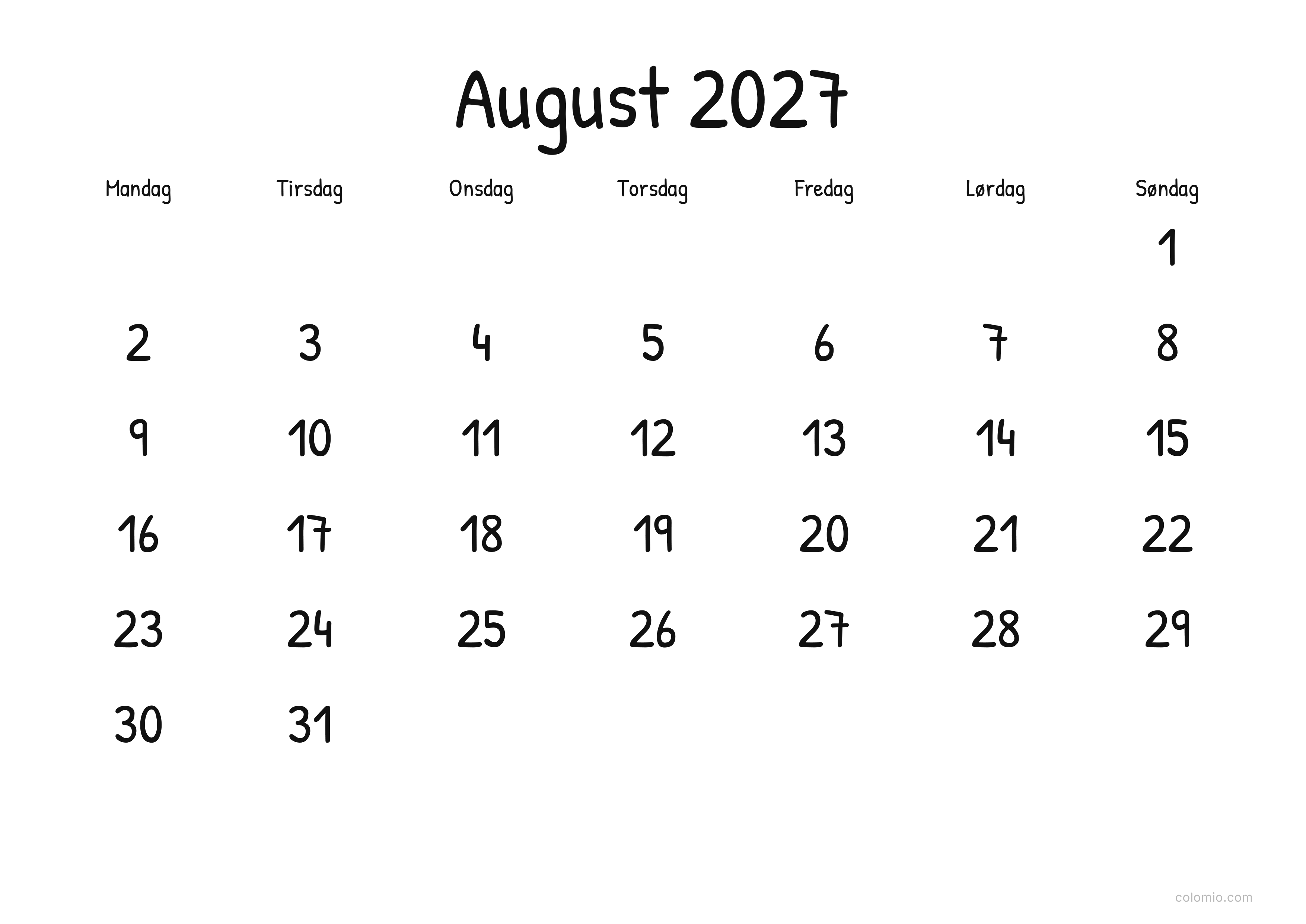 Kalender August 2027 display · liggende, PDF til print