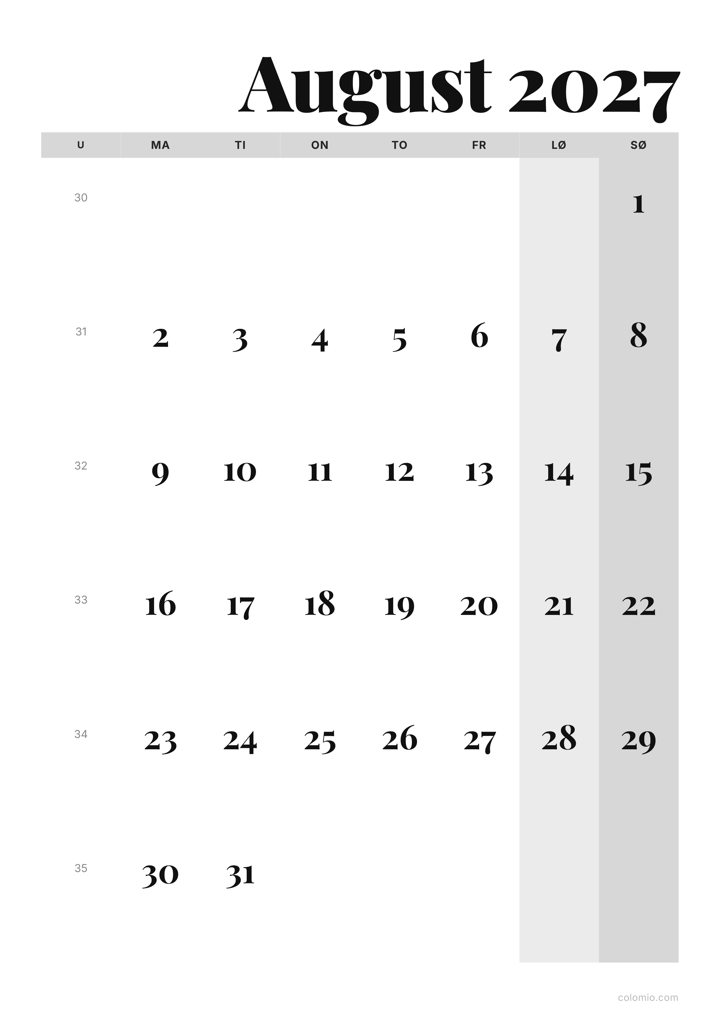 Kalender August 2027 editorial · stående, PDF til print