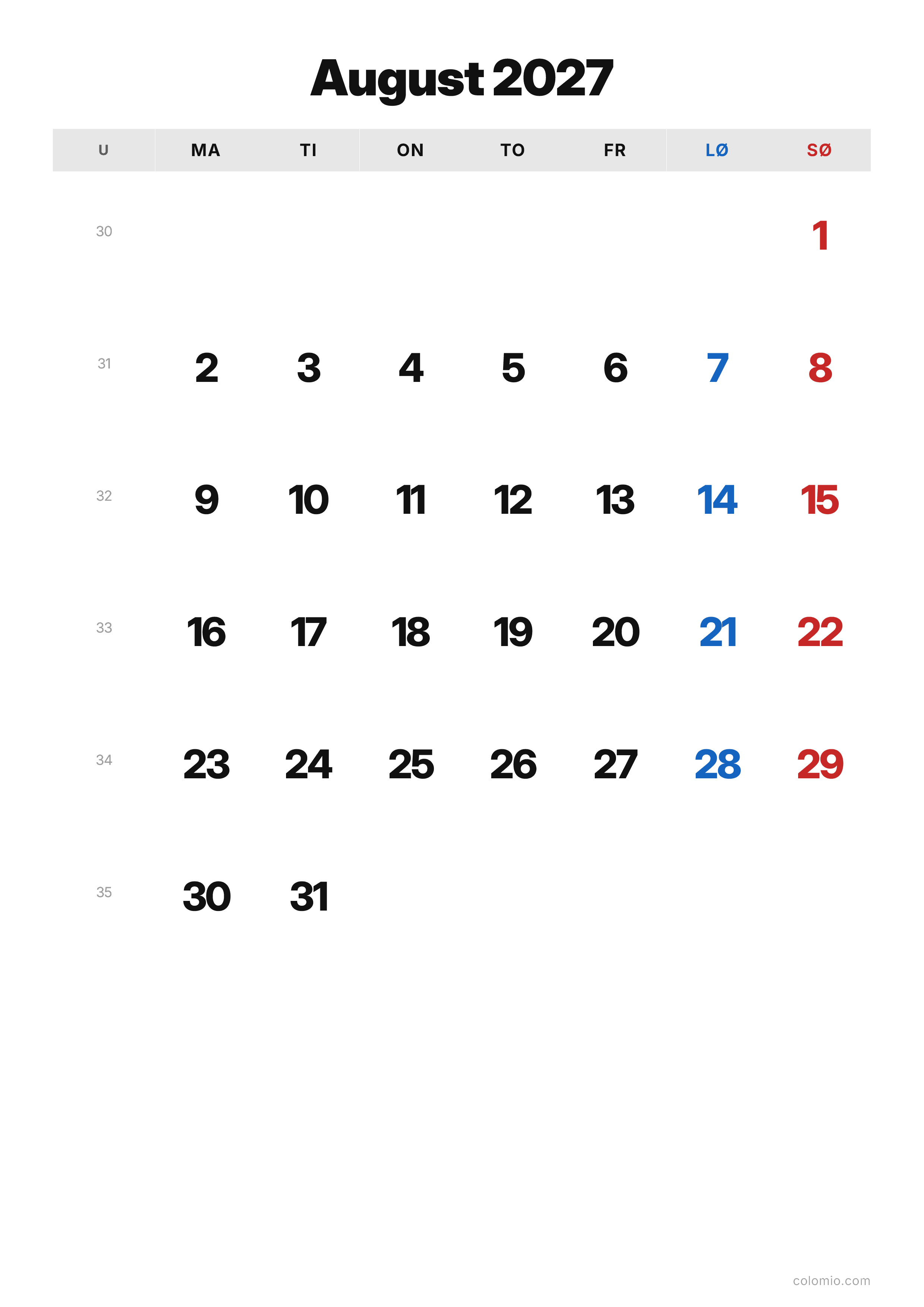 Kalender August 2027 klassisk · stående, PDF til print