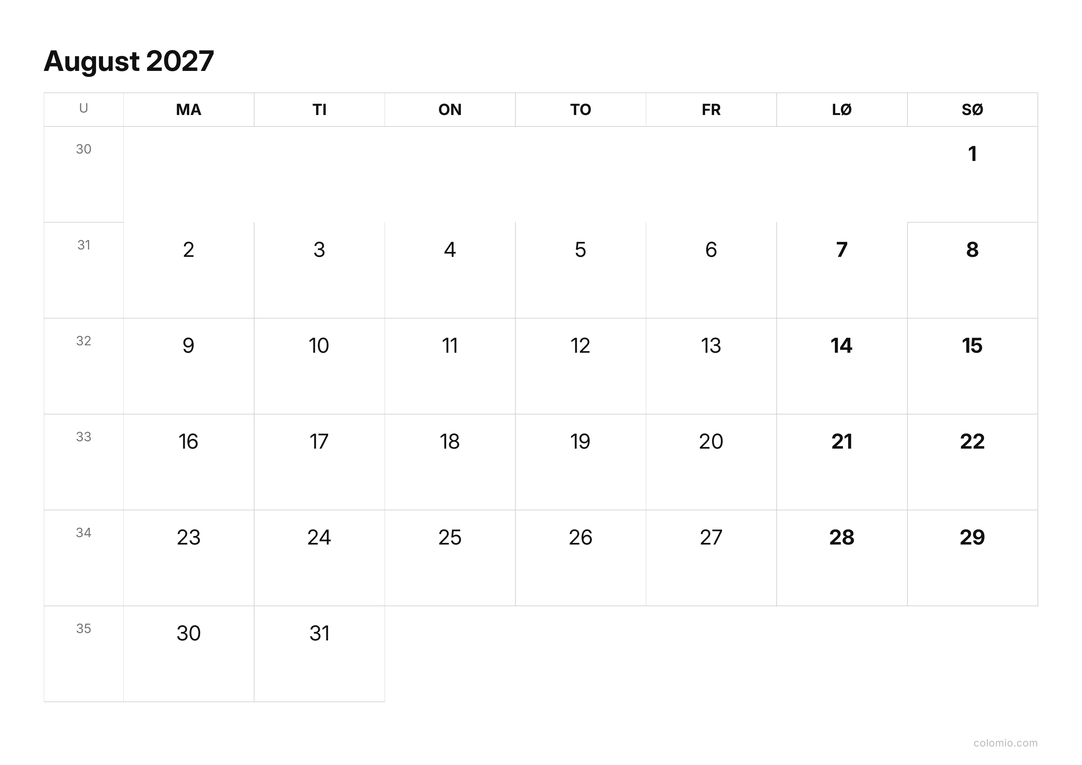 Kalender August 2027 enkel · liggende, PDF til print
