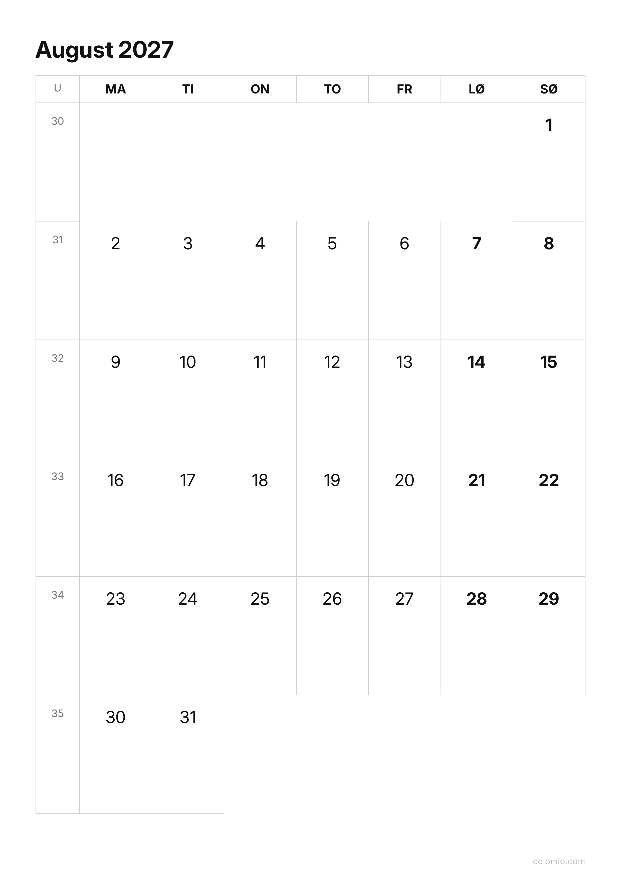 Kalender August 2027 enkel · stående, PDF til print