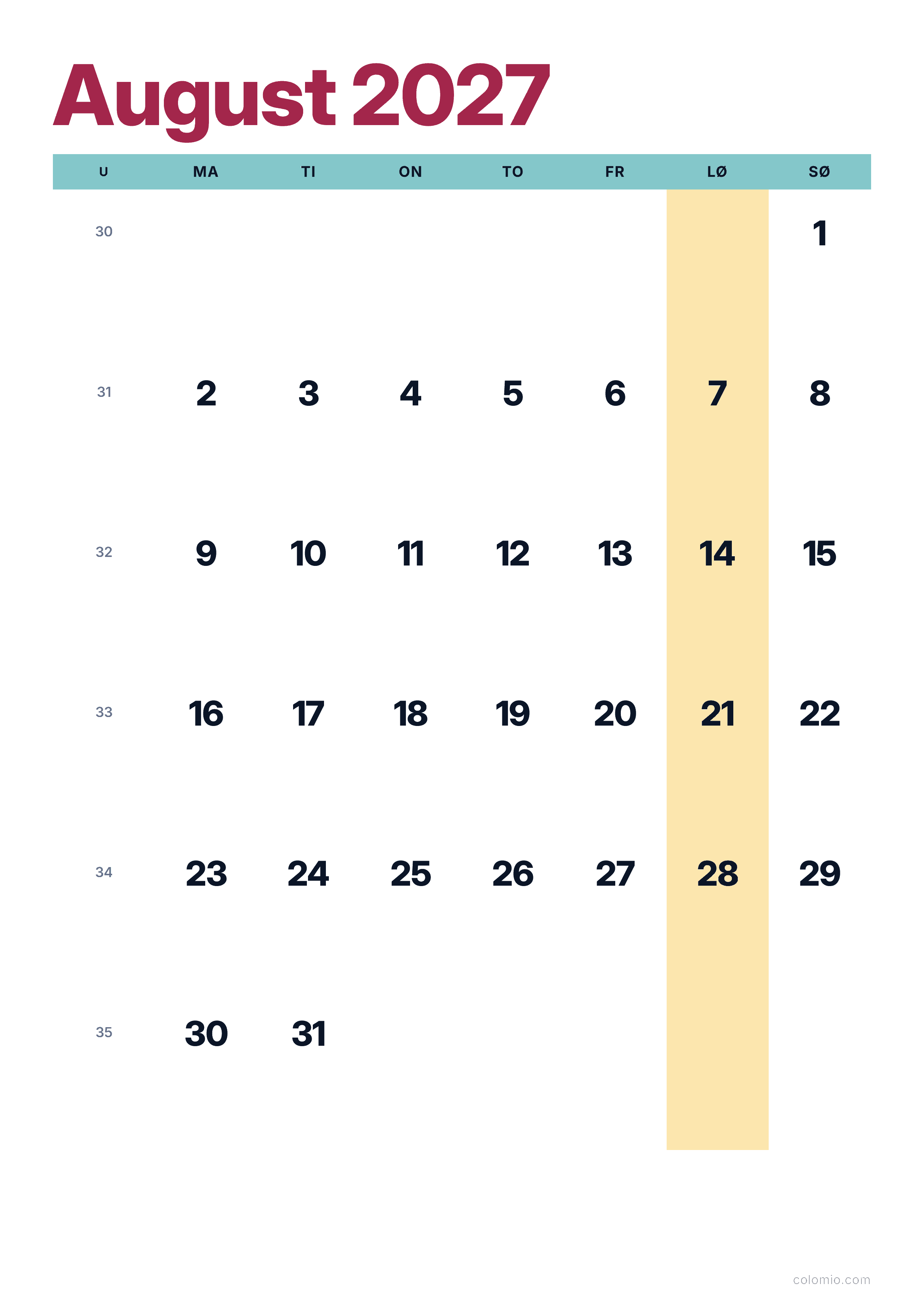 Kalender August 2027 farverig & moderne · stående, PDF til print
