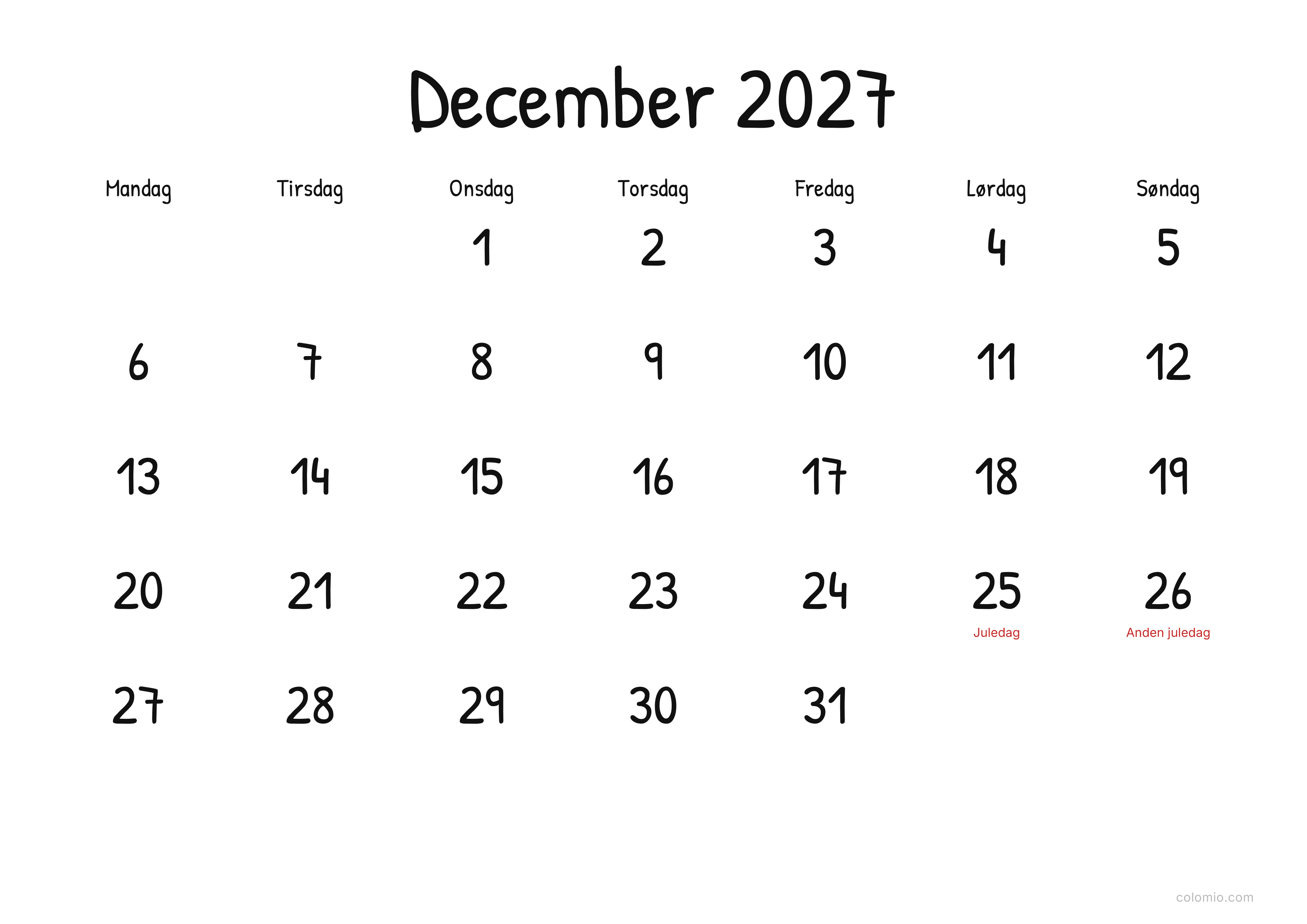 Kalender December 2027 display · liggende, PDF til print