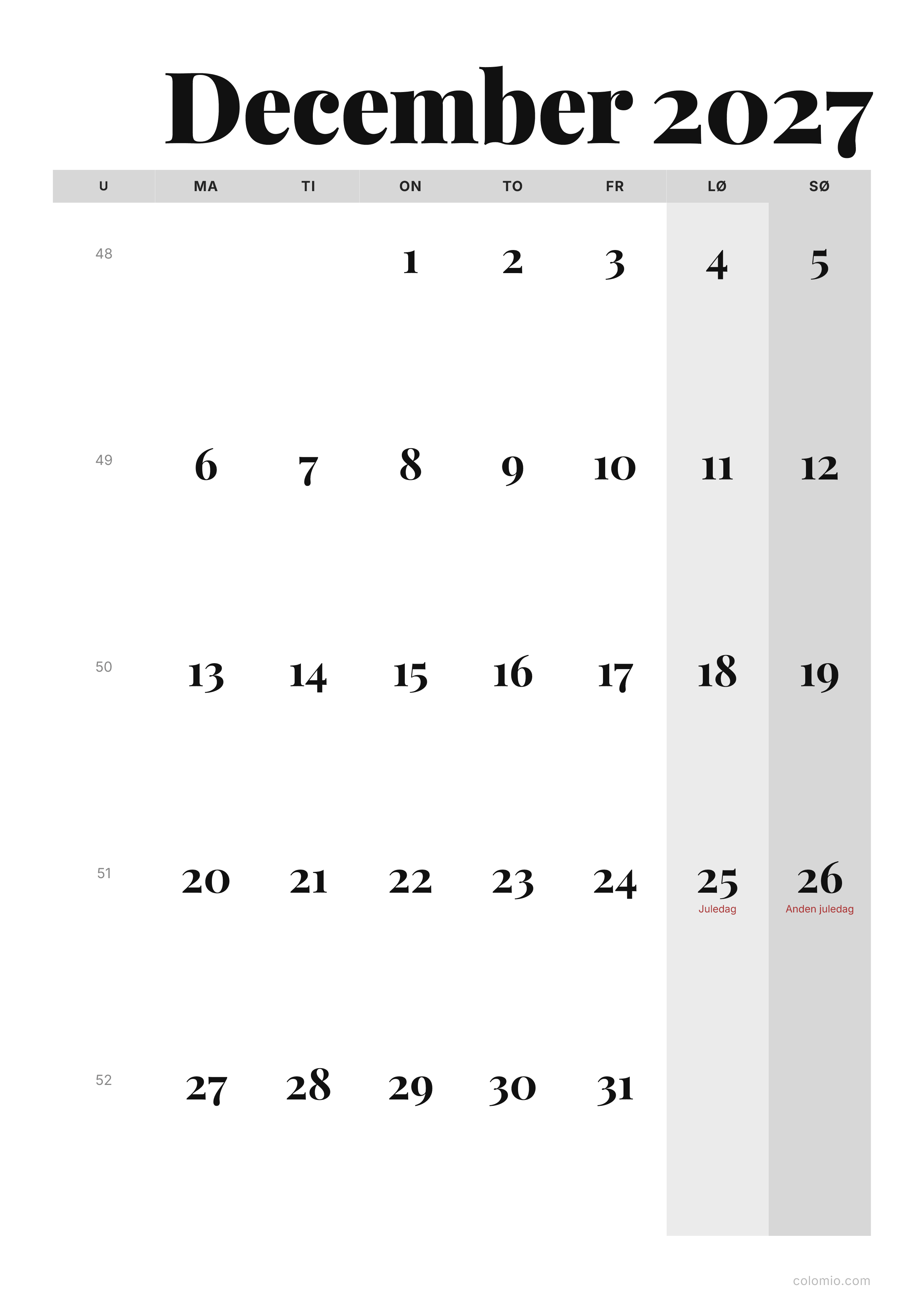 Kalender December 2027 editorial · stående, PDF til print