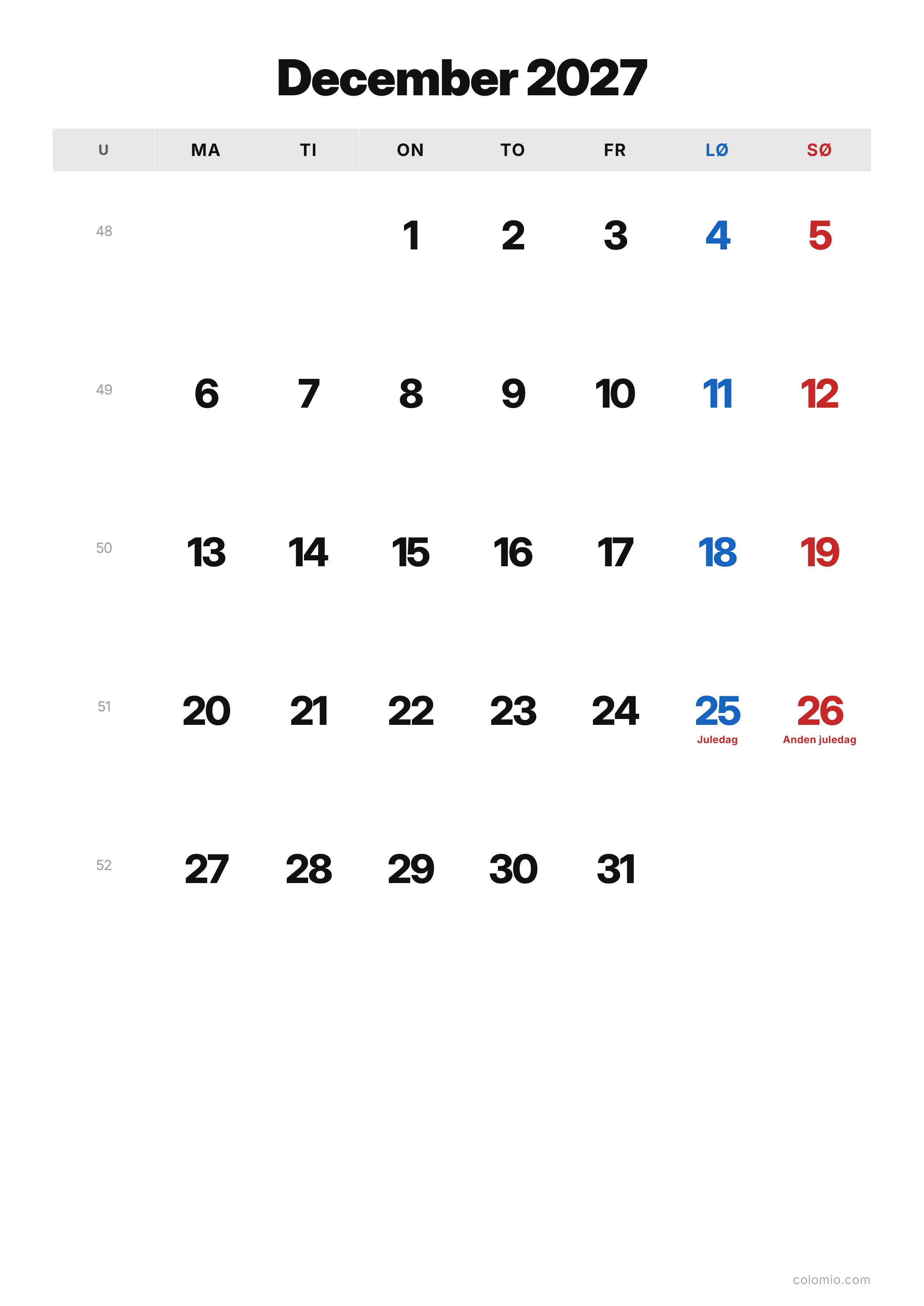 Kalender December 2027 klassisk · stående, PDF til print