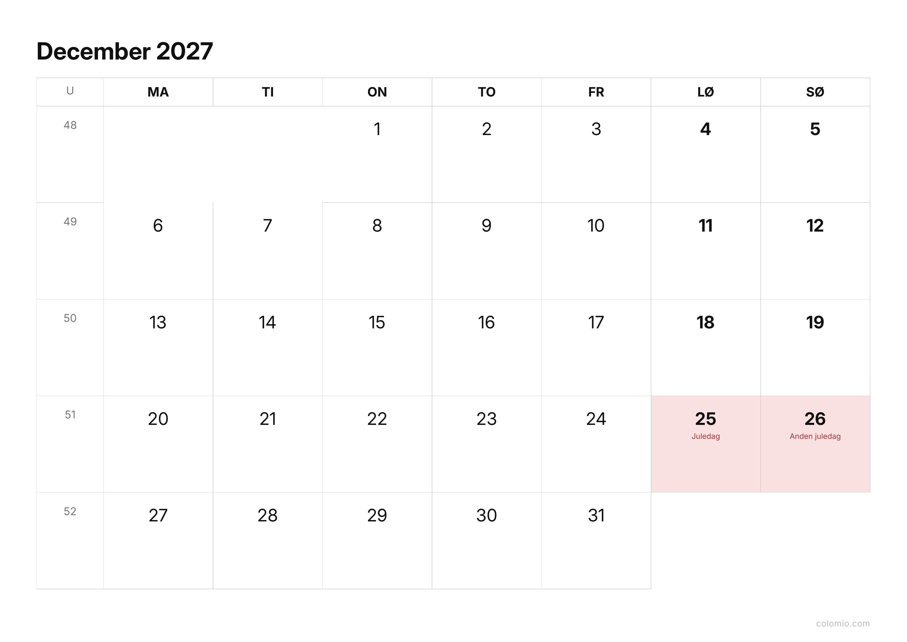 Kalender December 2027 enkel · liggende, PDF til print