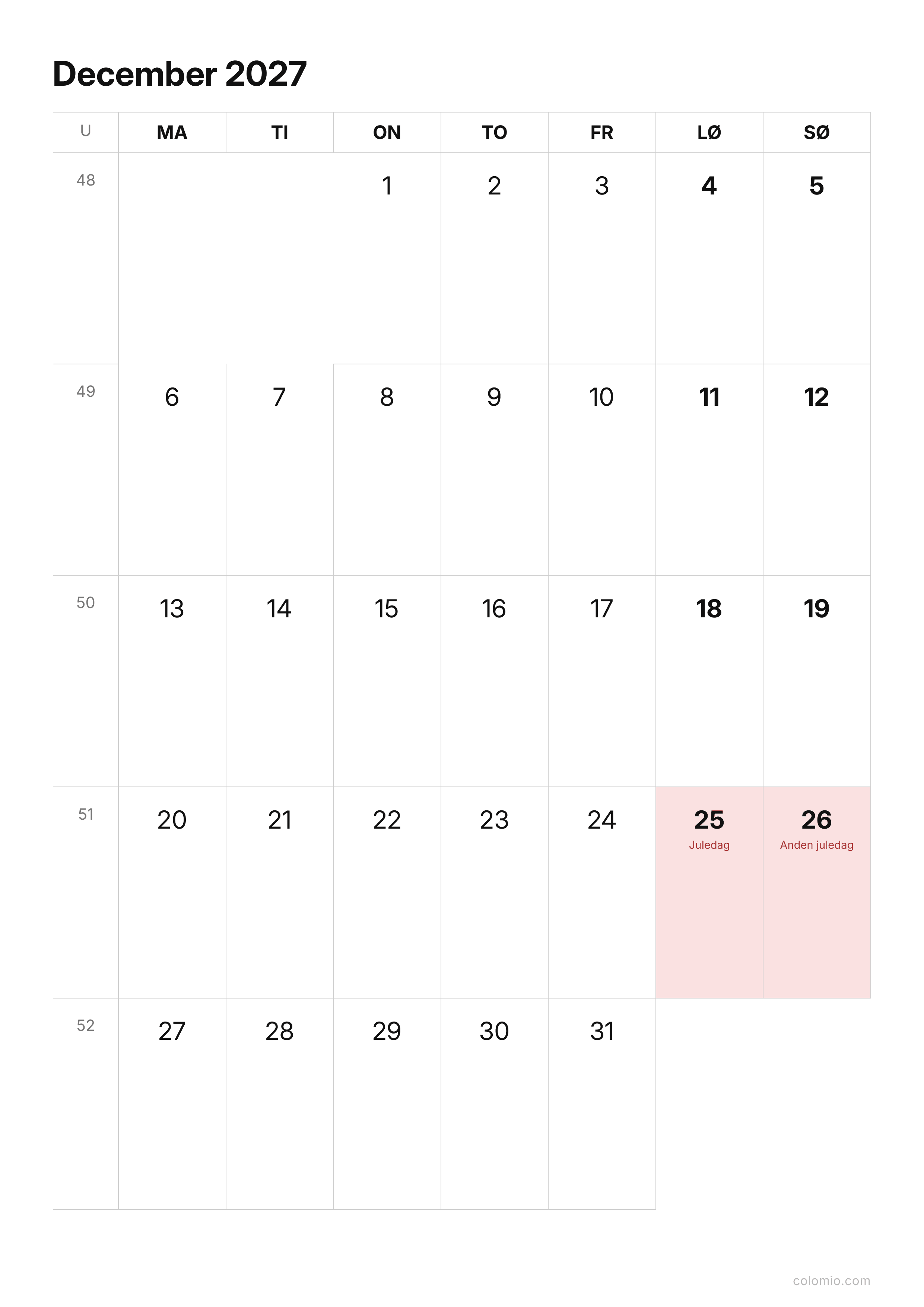 Kalender December 2027 enkel · stående, PDF til print