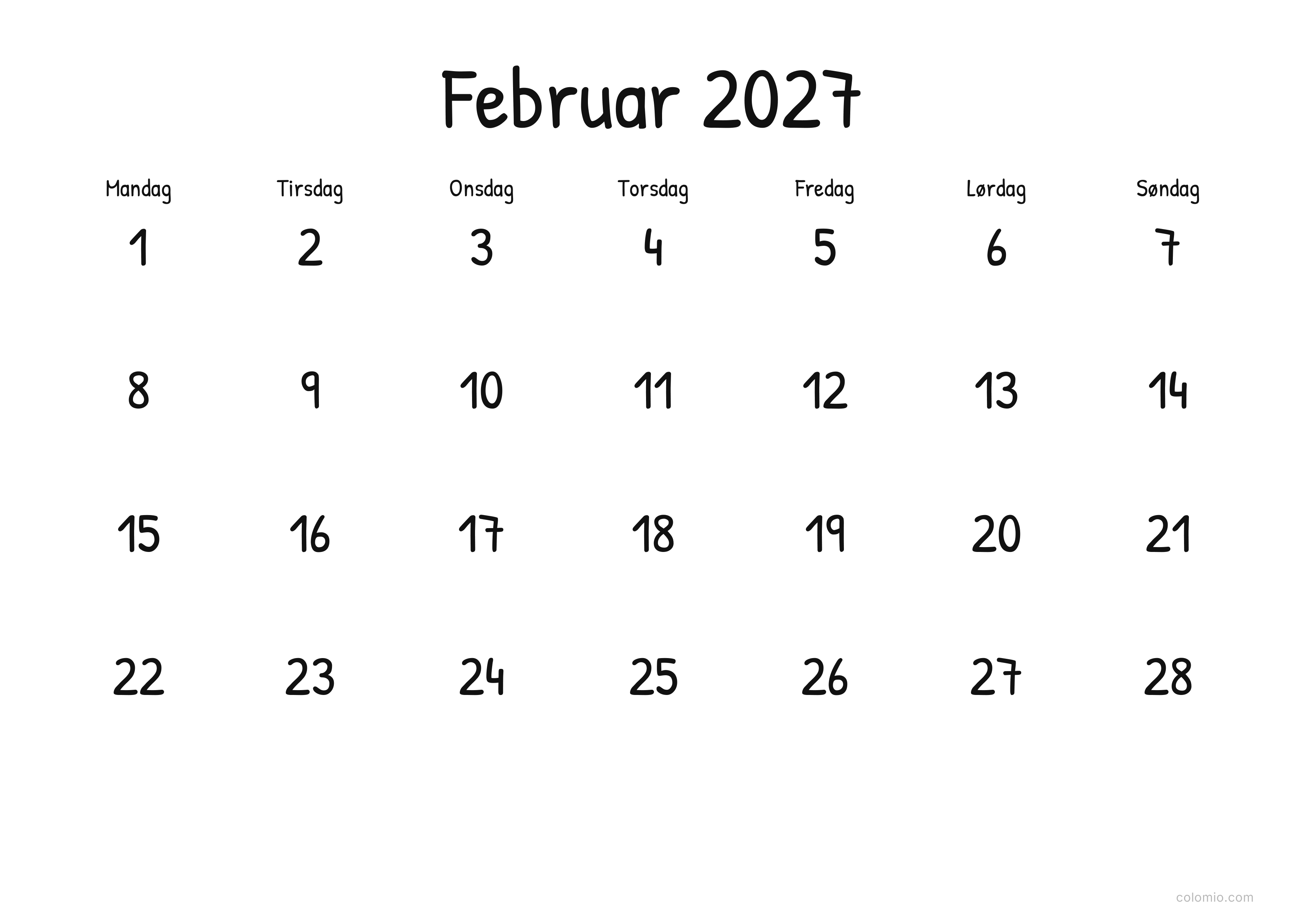 Kalender Februar 2027 display · liggende, PDF til print