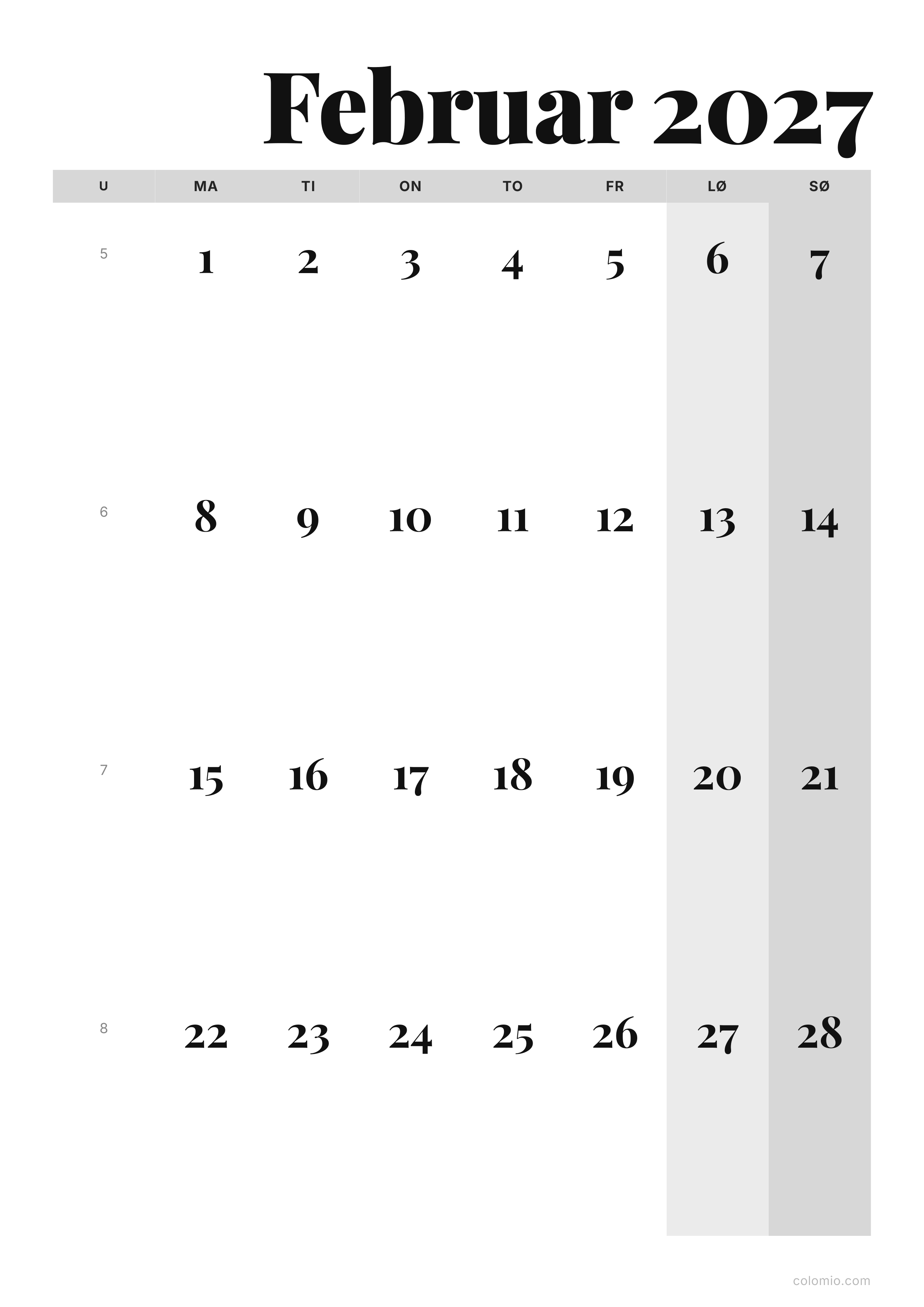 Kalender Februar 2027 editorial · stående, PDF til print