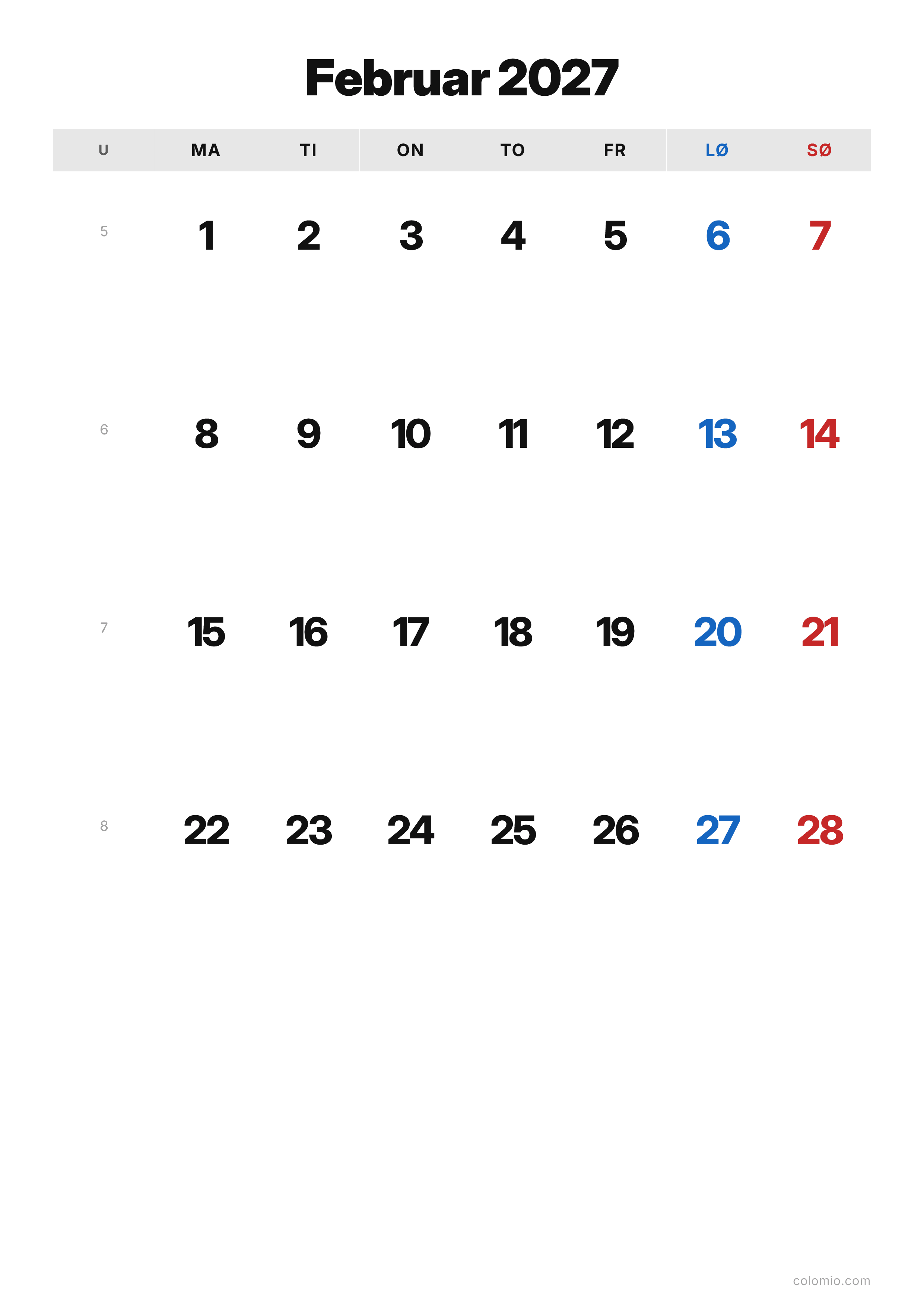 Kalender Februar 2027 klassisk · stående, PDF til print