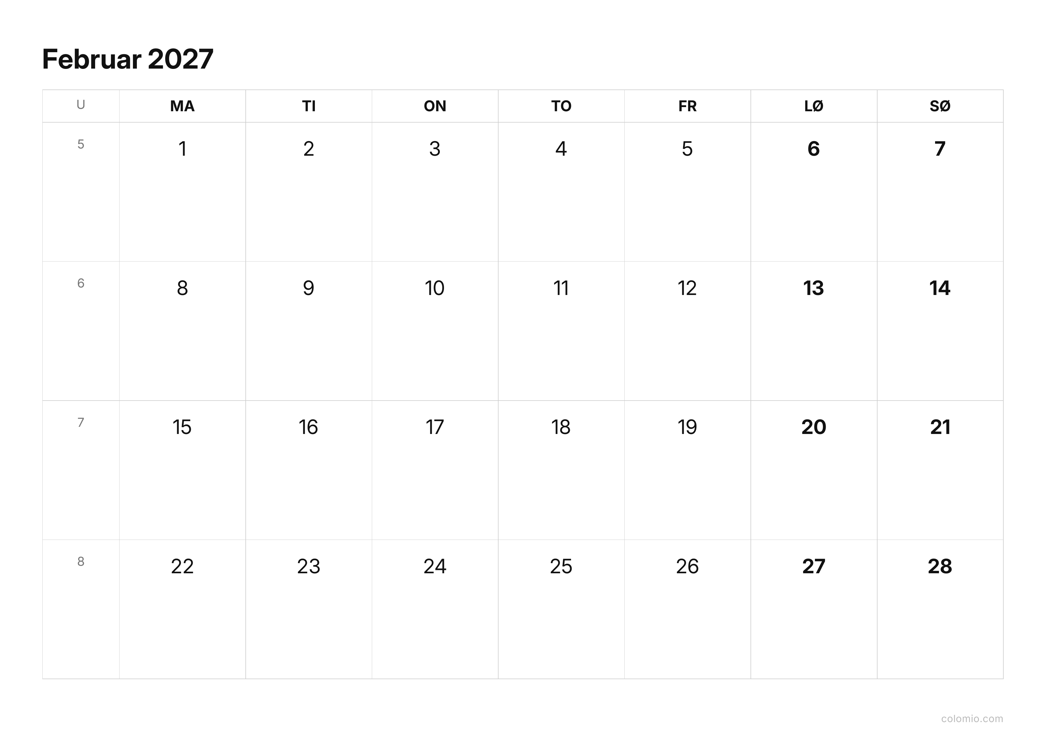 Kalender Februar 2027 enkel · liggende, PDF til print