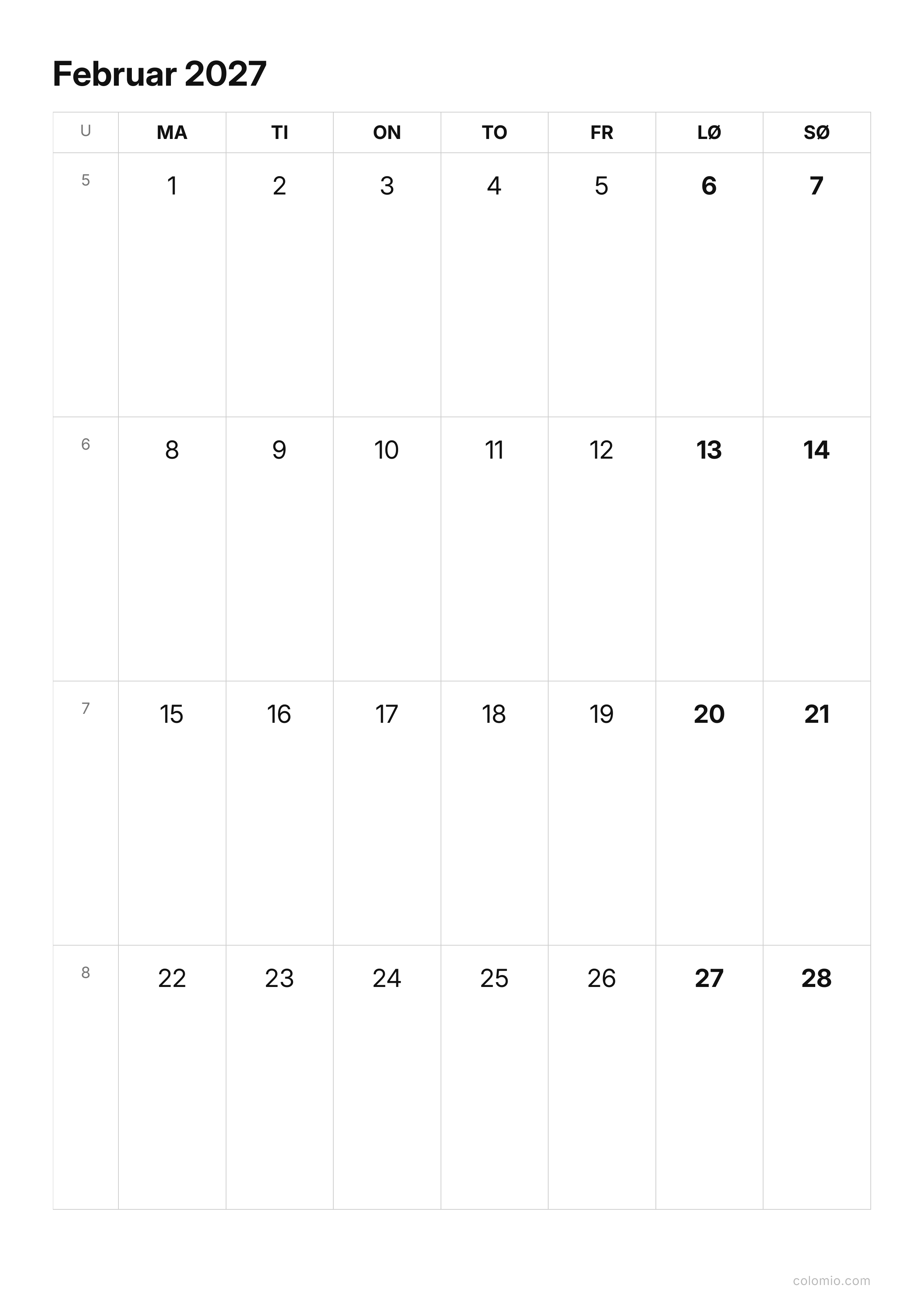 Kalender Februar 2027 enkel · stående, PDF til print