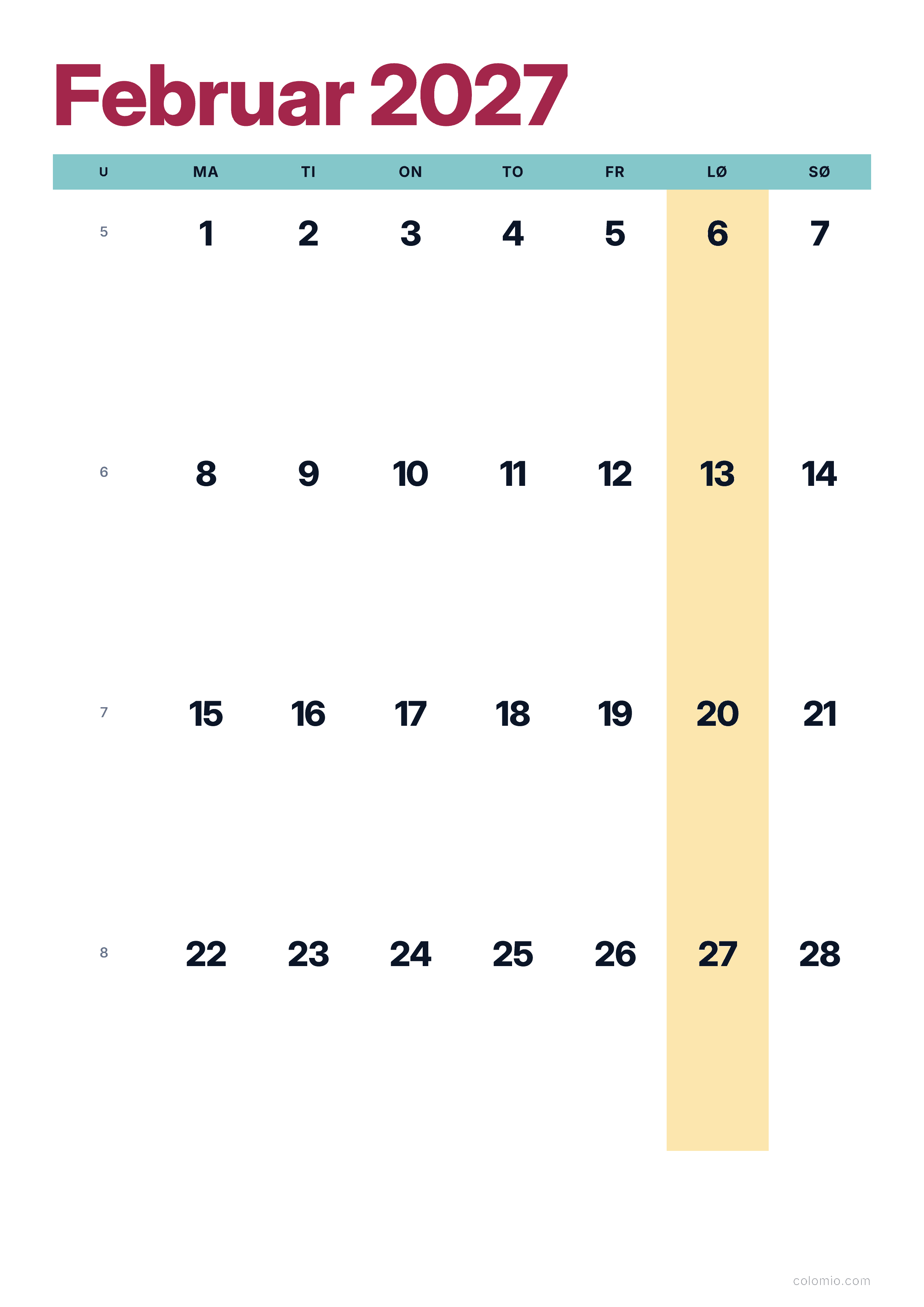 Kalender Februar 2027 farverig & moderne · stående, PDF til print