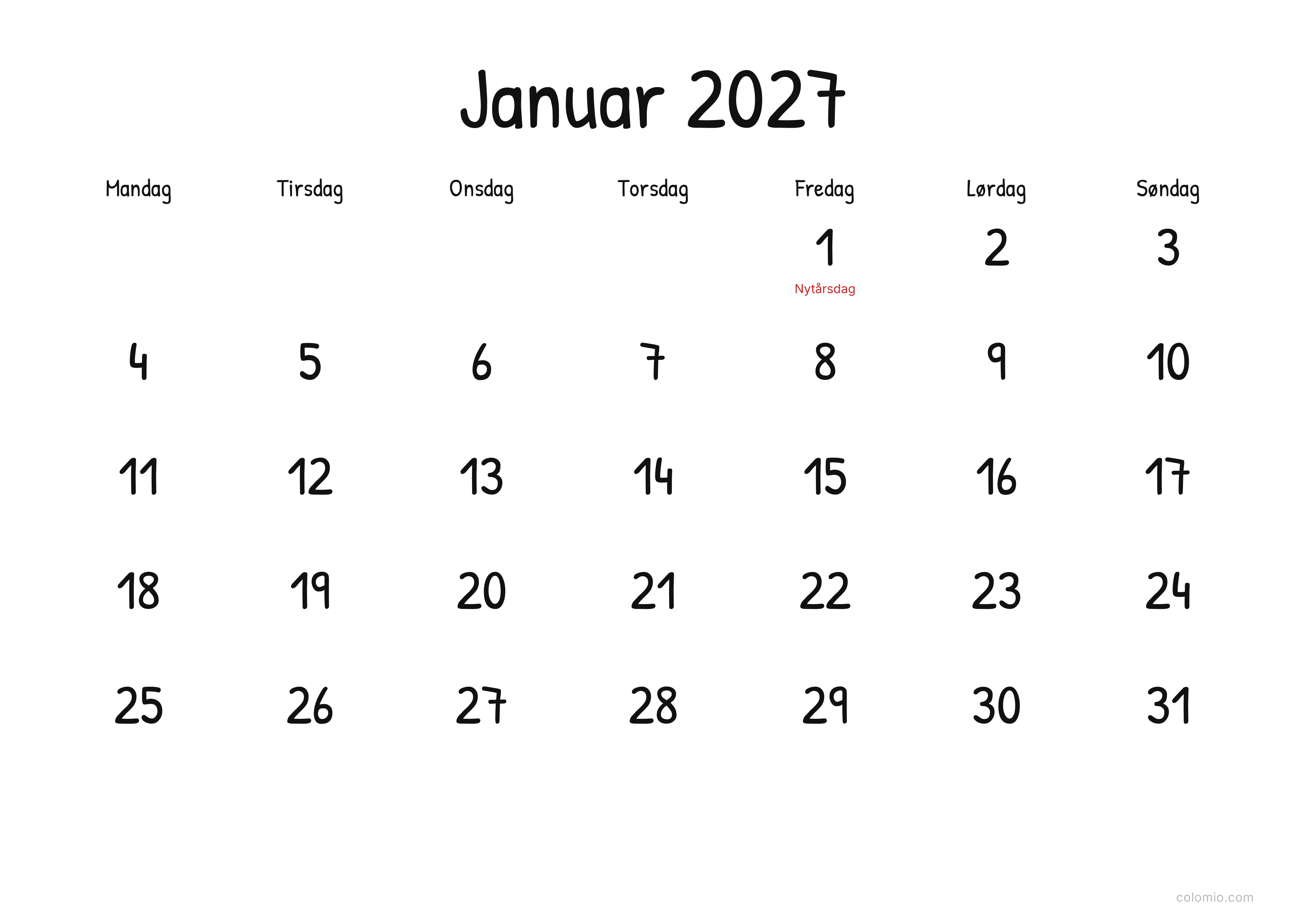 Kalender Januar 2027 display · liggende, PDF til print