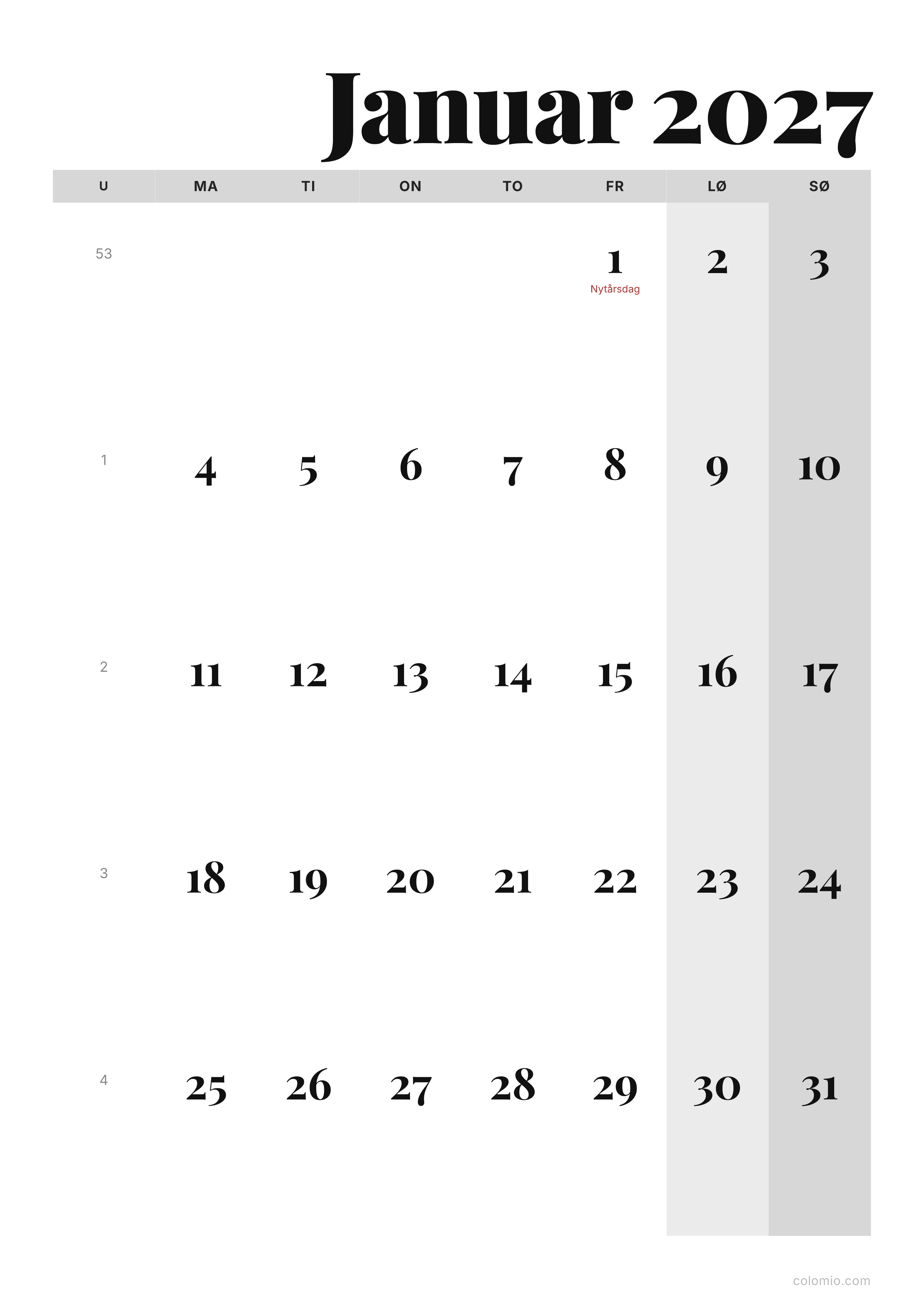 Kalender Januar 2027 editorial · stående, PDF til print