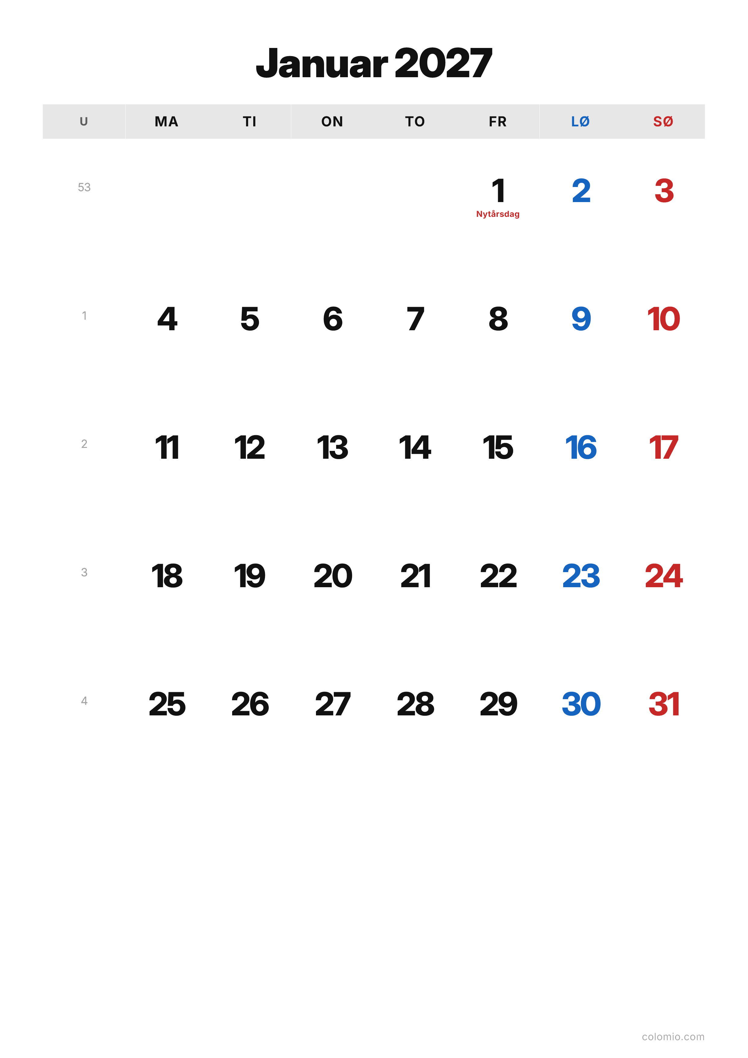 Kalender Januar 2027 klassisk · stående, PDF til print