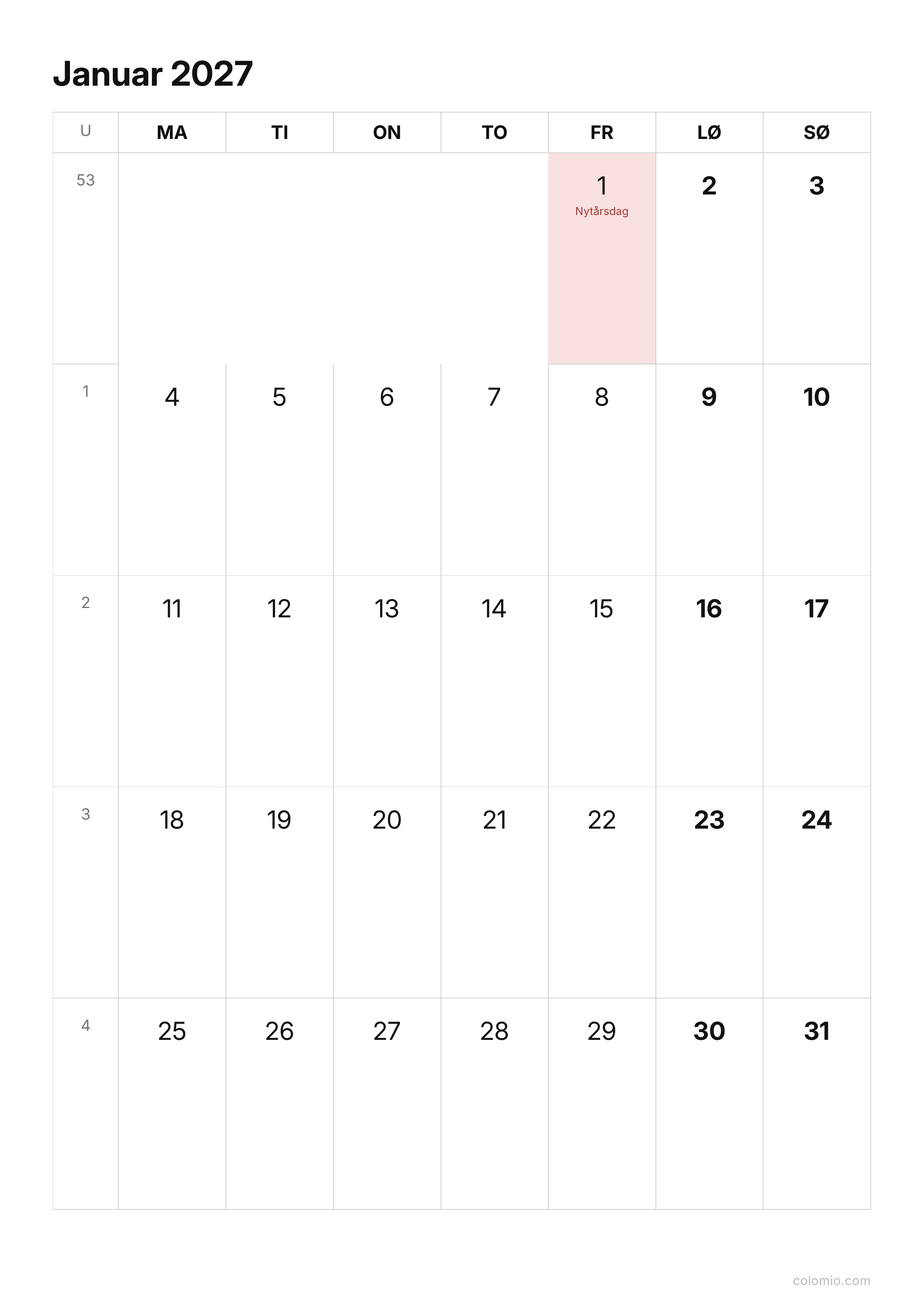 Kalender Januar 2027 enkel · stående, PDF til print