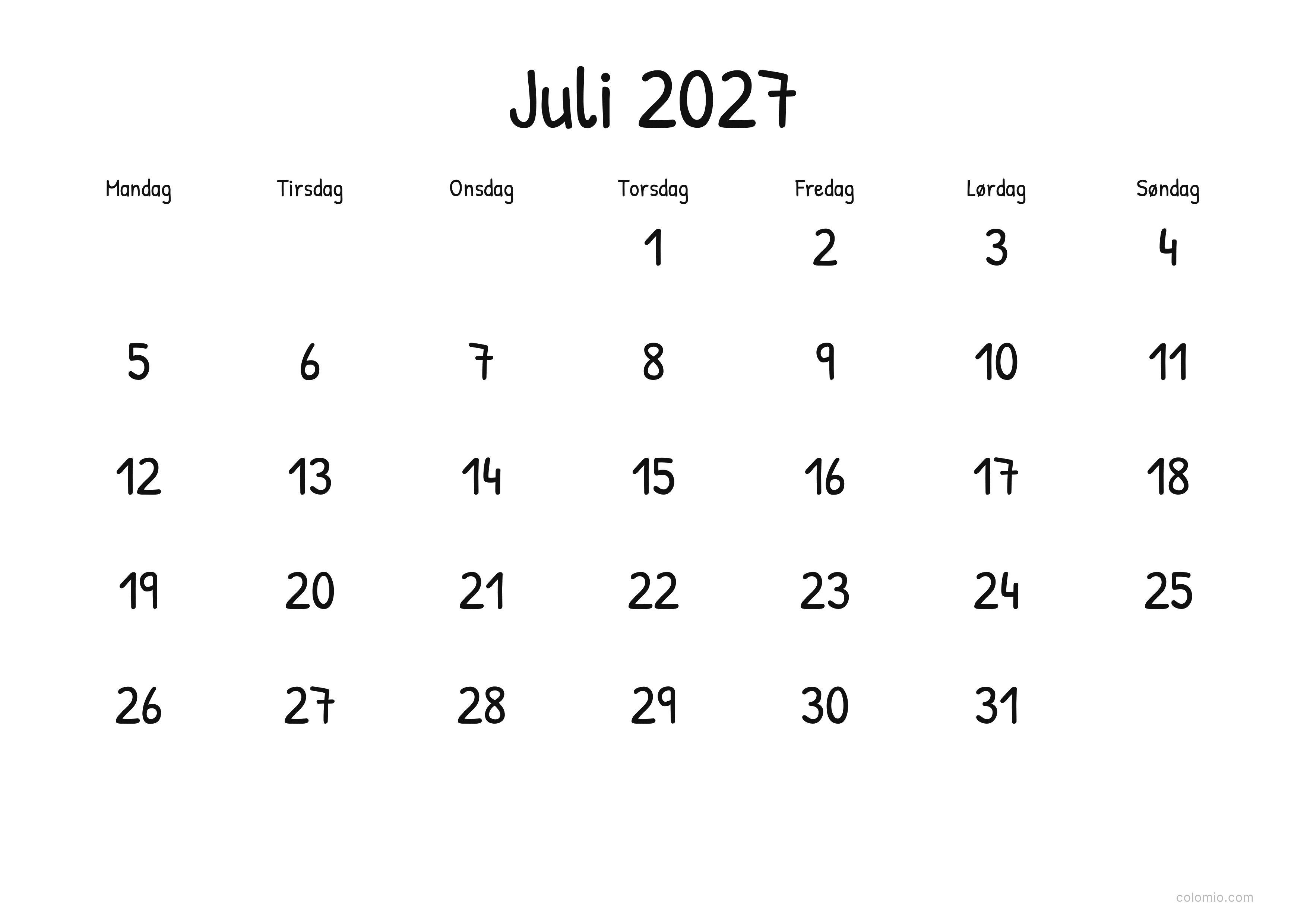 Kalender Juli 2027 display · liggende, PDF til print