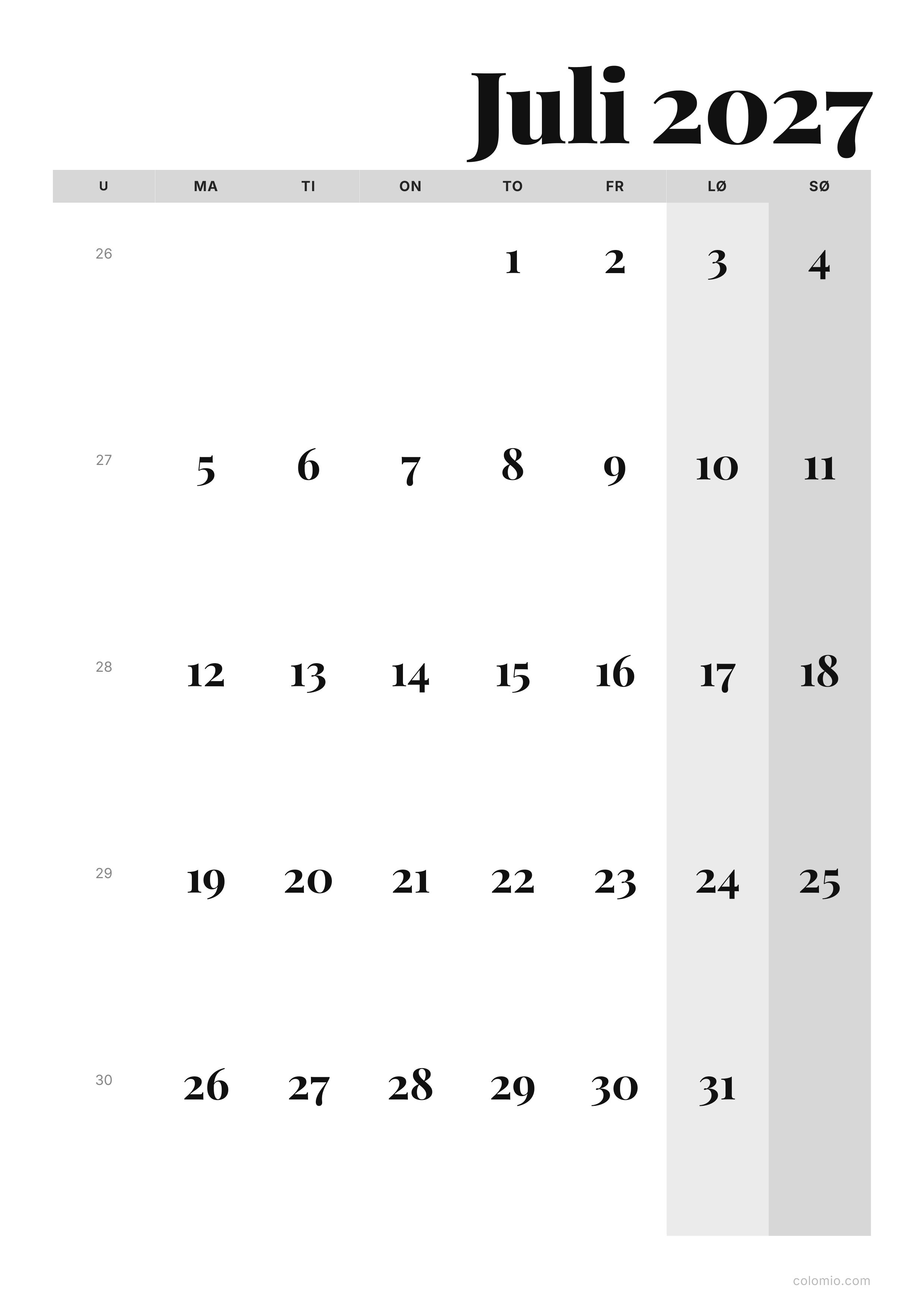 Kalender Juli 2027 editorial · stående, PDF til print