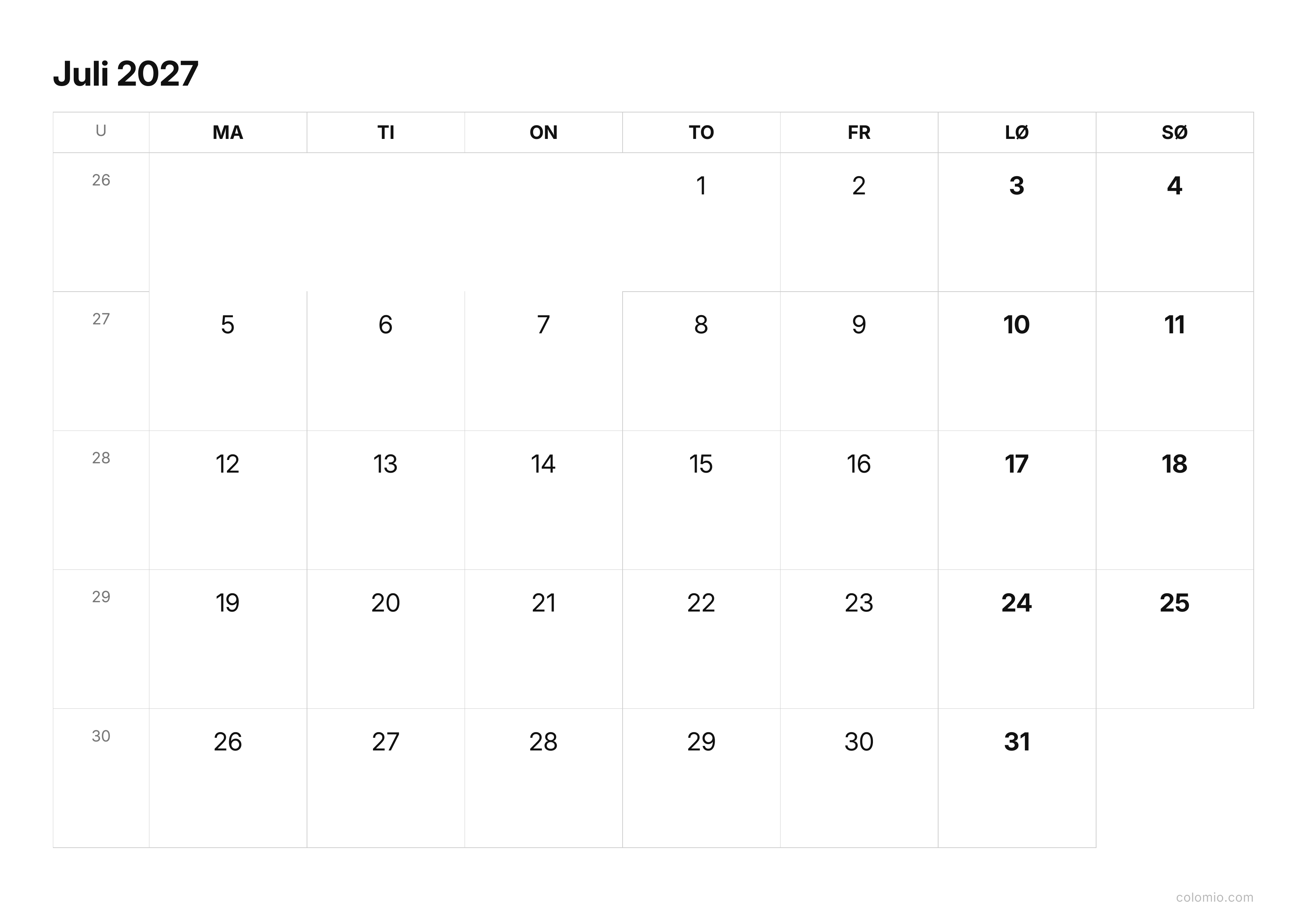 Kalender Juli 2027 enkel · liggende, PDF til print