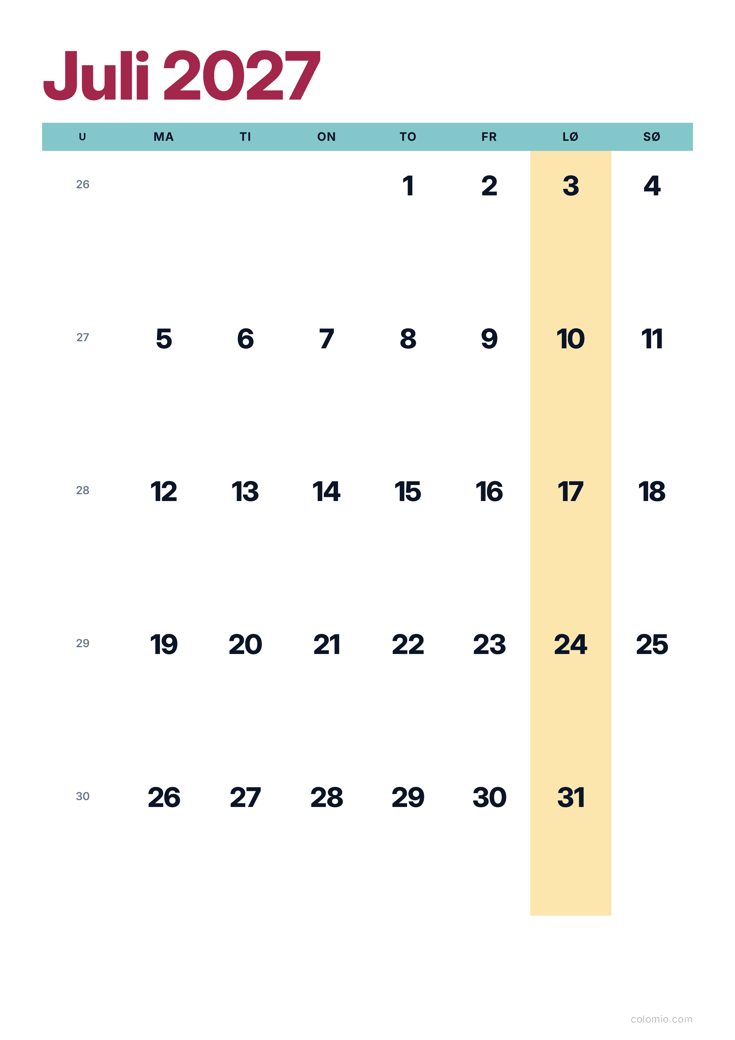 Kalender Juli 2027 farverig & moderne · stående, PDF til print