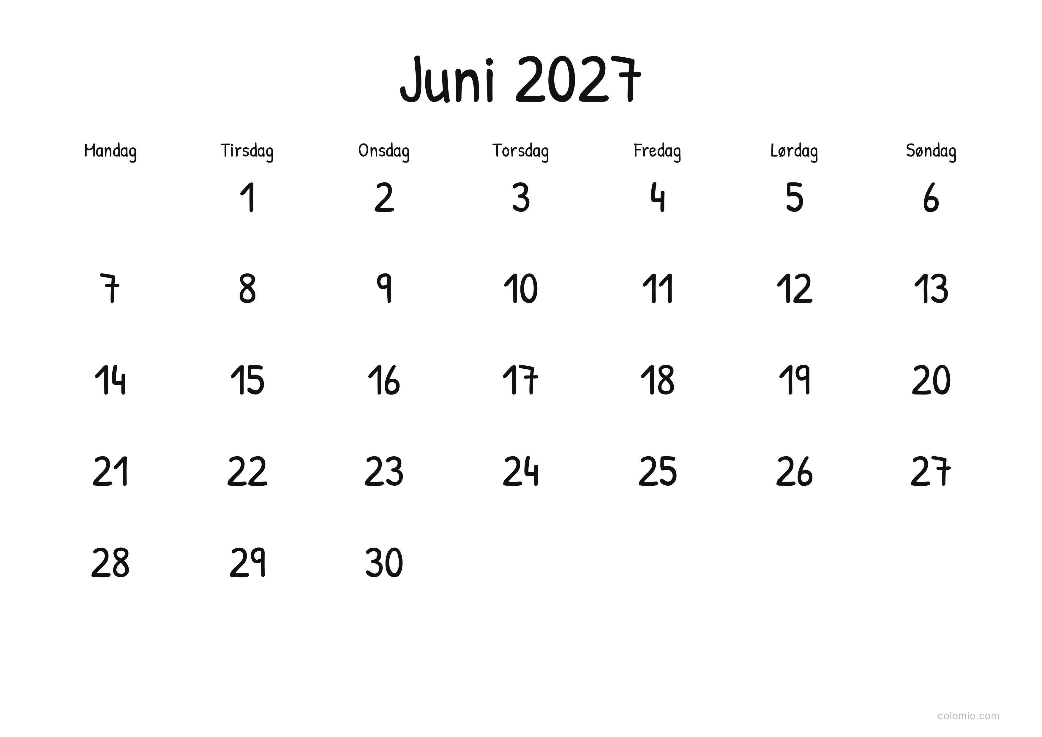 Kalender Juni 2027 display · liggende, PDF til print